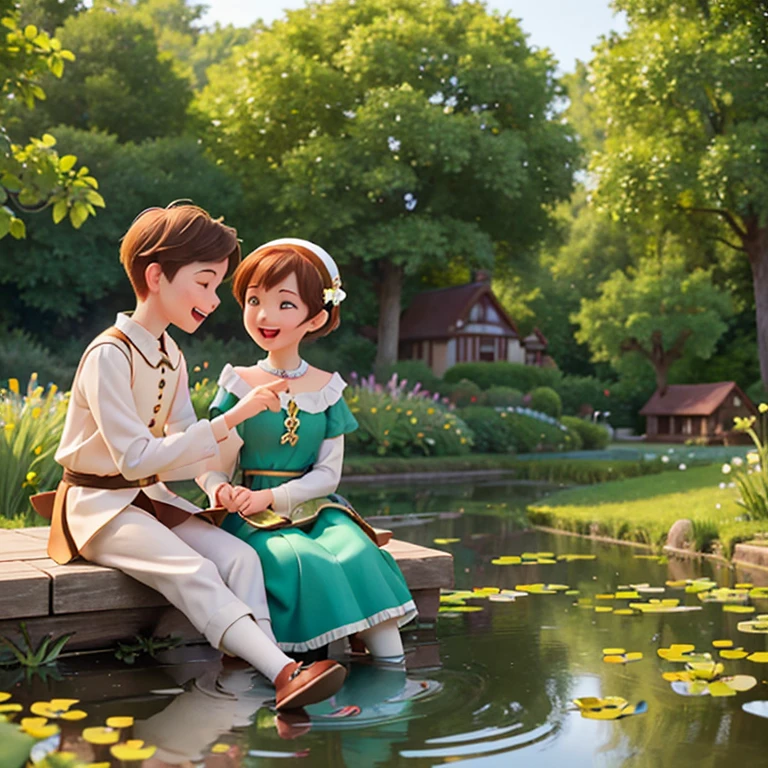 Henry and Mary sharing a stolen moment of laughter and conversation by the village pond.Picture Henry and Mary, their faces aglow with youthful exuberance, seated by the tranquil pond. Their laughter mingles with the gentle chirping of birds, creating a scene of idyllic romance. The serene beauty of the pond mirrors the purity of their blossoming love.