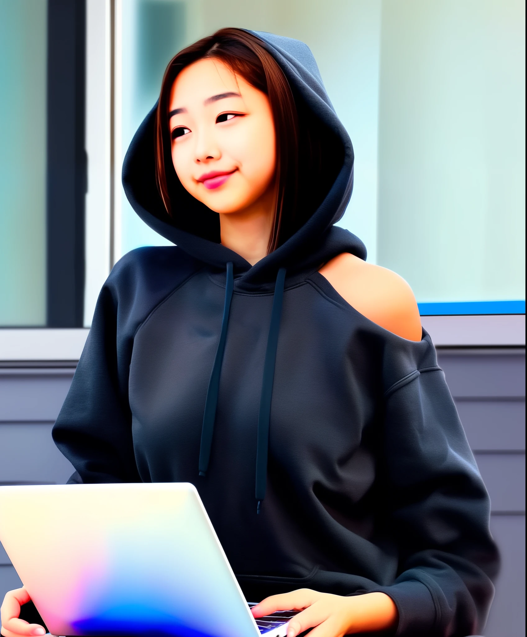 A girl with shoulder length hair and black hair , she is programer and her laptop is black , she has black hoodie.