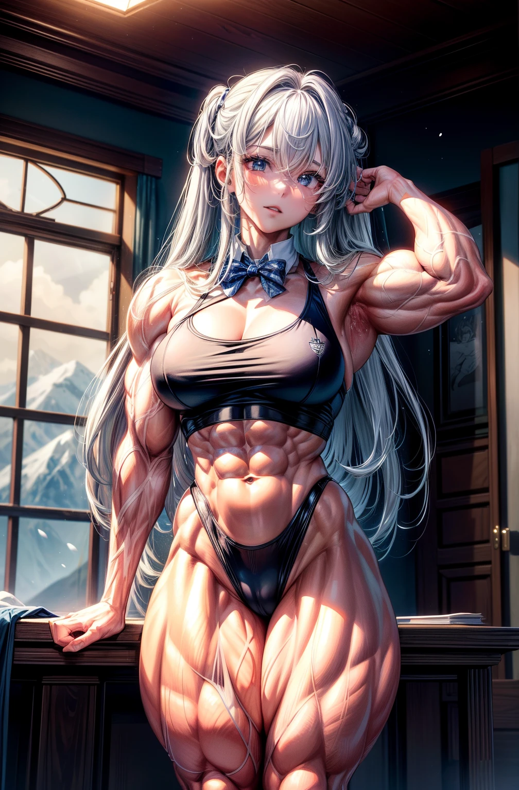 (best illuminate) , (Extremely complex and detailed) , 4K unification, (super-detailed CG: 1.2) , (8K: 1.2),(Original), (tmasterpiece) , (Best quality at best),(tmasterpiece:1.4),Anime-ish high quality,(tmasterpiece),tmasterpiece, Ultra-clear image quality，Clearer than the movie，（delicated face）Best quality at best, Huang Li,((Master of Peace, 4K, 8K, Sam, A high resolution))1 plump girl, female student，ssmile，She was in the mountains，Beautiful mountains，snow mountains，Snowflakes fluttering，black school uniform，white bowties，Bow knot，Ten strong abdominal muscles，Perfect body proportion，The stands up,Exposing the abdomen， white apparel,Thick and bulging blood vessels on arms，springtime, Sports boots, perfect body figure, Long white hair full of anxiety, dynamicposes,legs exposed，Strong leg muscles ((body builder:1.5))(beautiful bace),(girl),(femele),(((Upper part of the body:1)))