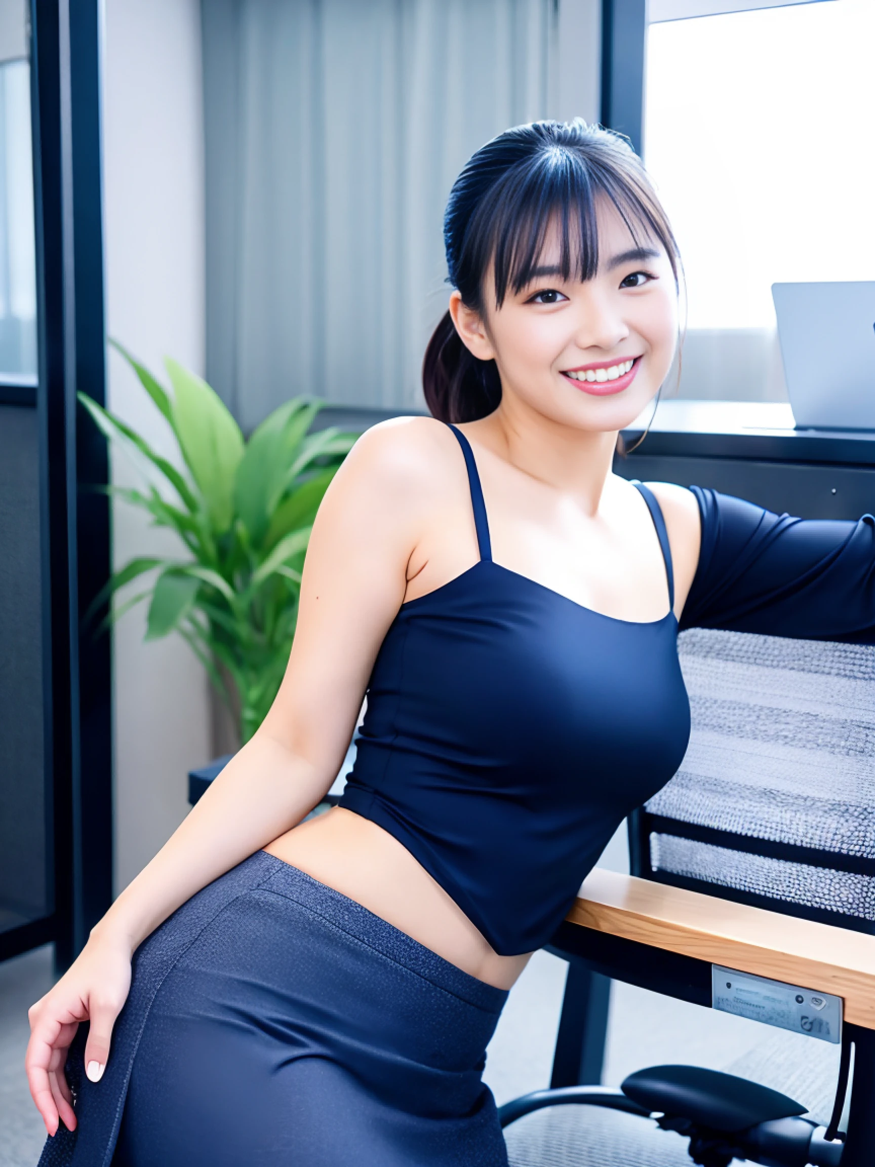 (ultra best quality、in 8K、masuter piece、delicate illustration、full body Esbian),Sexy and beautiful Japanese office lady、Plump body、navy blue office lady suit(skirt type)、ponytail dark hair(With ribbon)、peace sign for viewers(huge smile)、
