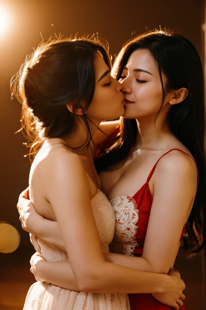 "Capture moments of passion and intimacy: Two Women, Deeply in love, Hug tightly, Share a passionate kiss."