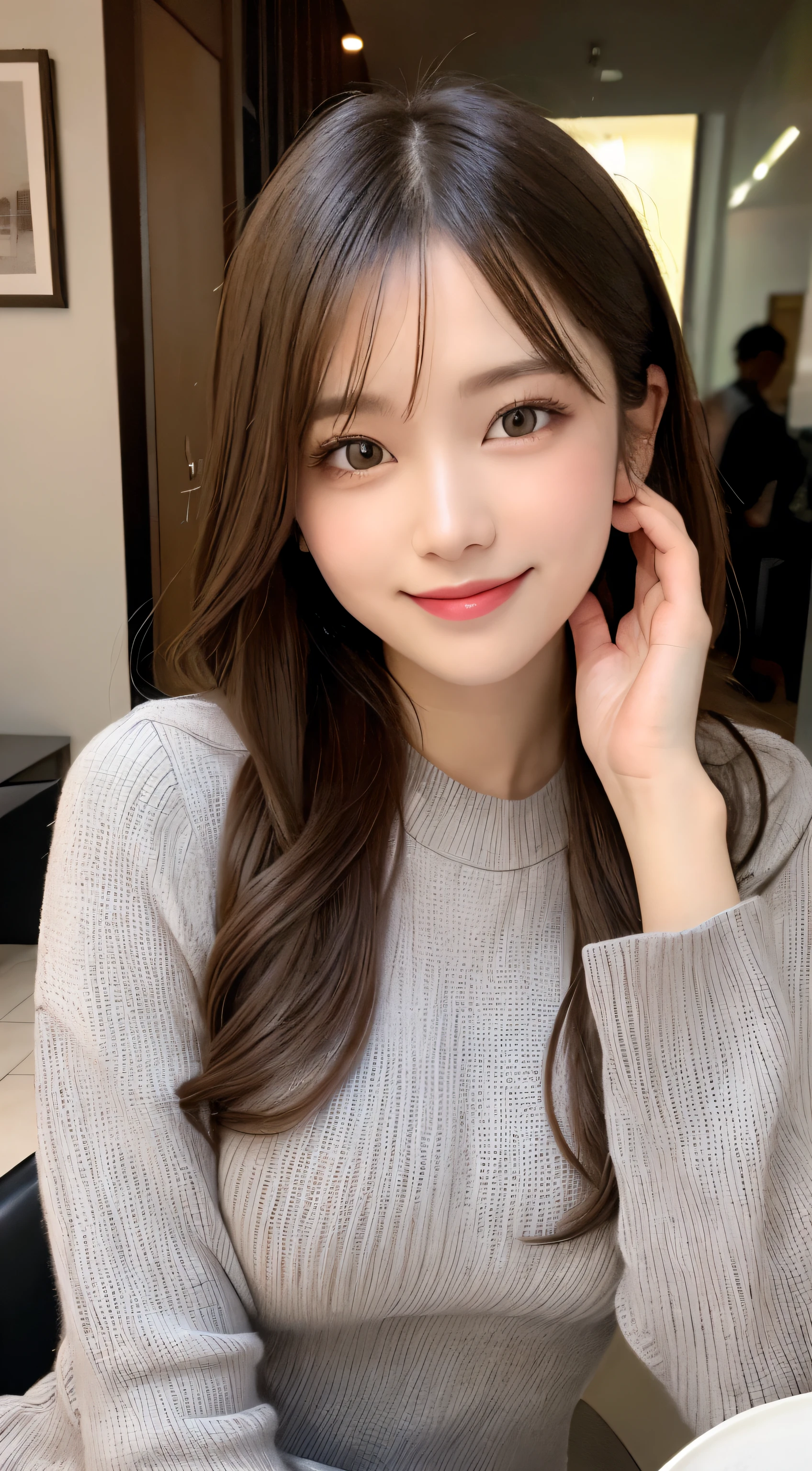 masutepiece, Best Quality, Illustration, Ultra-detailed, finely detail, hight resolution, 8K Wallpaper, Perfect dynamic composition, Beautiful detailed eyes, gray long sleeve knit dress,Straight hair,Small breasts natural color lip, Randomly sexy poses,Smile,Harajuku、20 years girl、Cute、Sexy shot looking at camera,Perfect and beautiful face