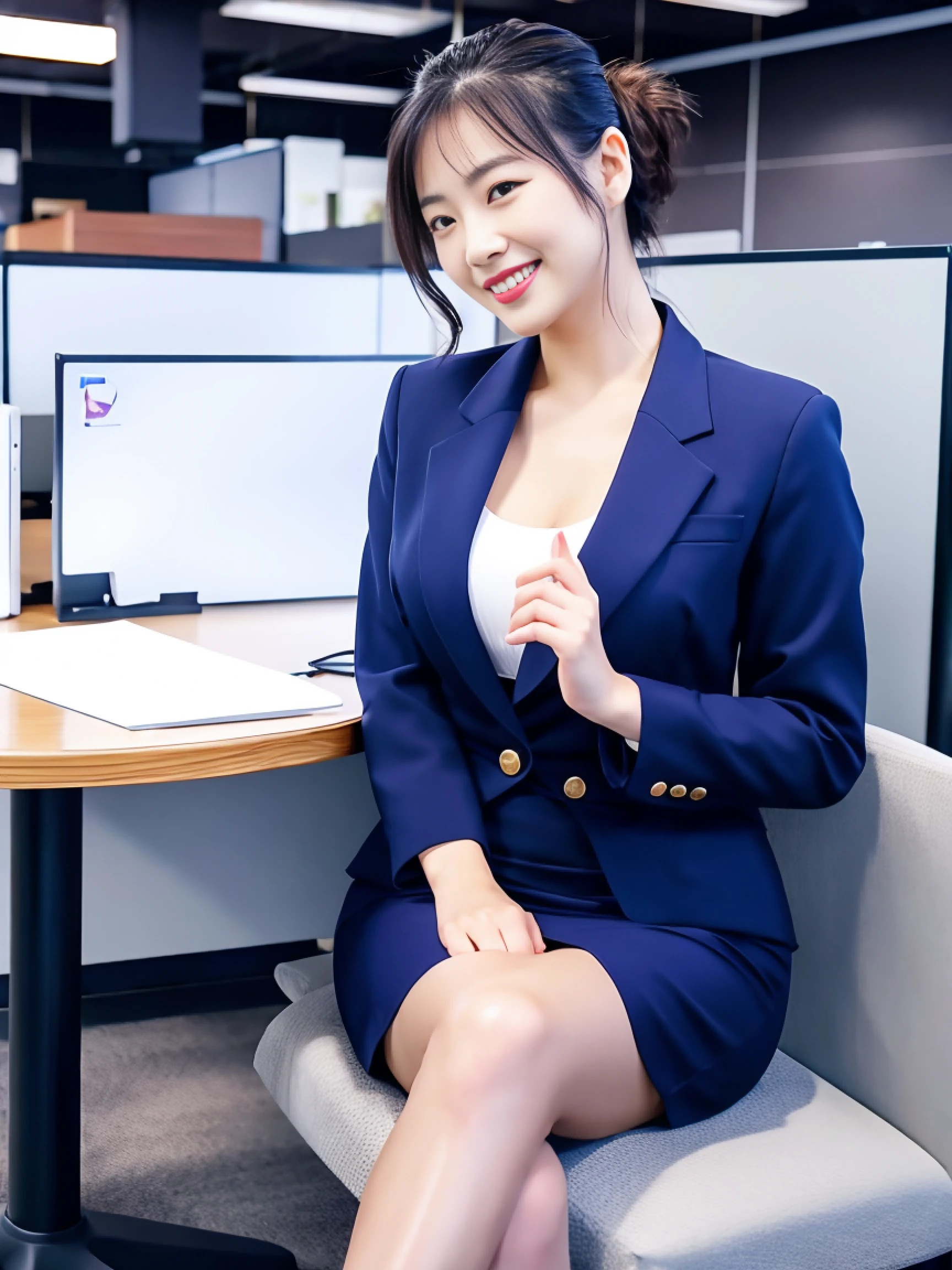 （ultra best quality、in 8K、masuter piece、delicate illustration、full body Esbian）,Sexy and beautiful Japanese office lady、Plump body、navy blue office lady suit（skirt type）、ponytail dark hair（With ribbon）、peace sign for viewers（huge smile）、