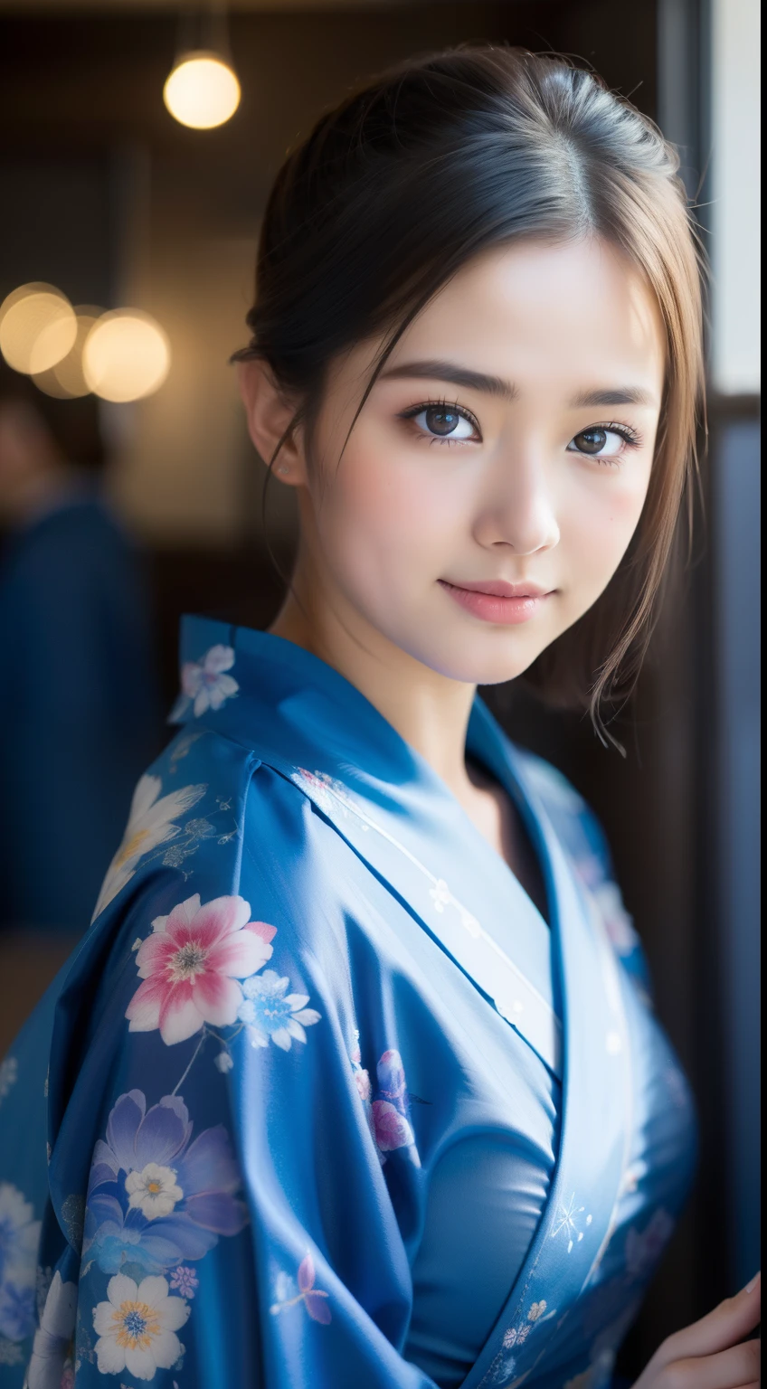((masterpiece, top quality, super definition, high definition)), solo, beautiful girl, shining eyes, perfect eyes, 16 years old, blue theme, yukata, fireworks