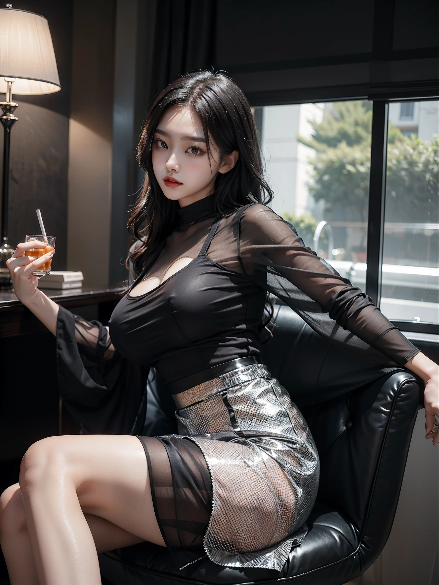 Sitting on chair in black dress, Korean female fashion model, transparent gray skirt, mesh shirt, chrome clothes, shiny silver, lucky I look, big breasts, best quality, masterpiece, super high resolution, realistic,
