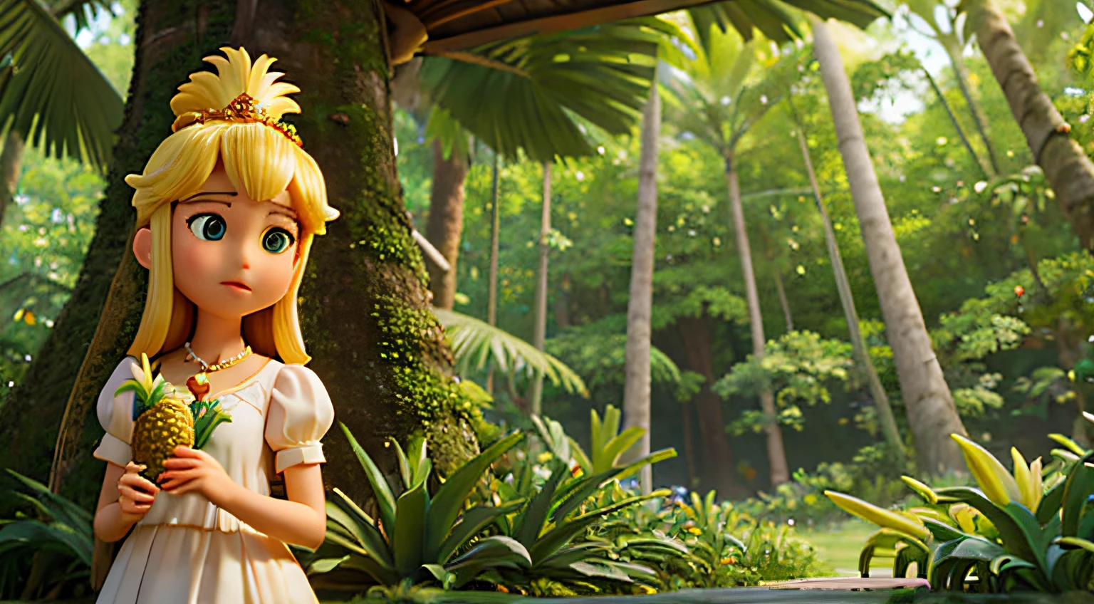 Masterpiece, A cute  princess with southeast asian features in a simple white dress holding an enchanted pineapple in a fantasy forest. The pineapple tree is vibrant and glowing with a soft, golden light, emphasizing its mystical nature. The princess is depicted with a warm and caring expression. 4k quality. High definition.