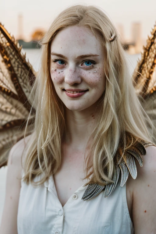 Ultra realistic photography of dbwl woman with many huge beauty marks on her natural pale white skin  ,    (medium shot:1) ,  (full body portrait:1.2), 
 (SFW),  (((wings, fr4ctal4rmor))) , upper arms,   ((in frame)),

 ((fighting stance)),  natural (  pale light blonde eyelashes) , blue eyes, medieval background,
 detailed Natural pale white skin  with (many huge round beauty marks) , smile, light pale blonde eyebrows,
 happy, clean cheeks,
detailed, natural light blonde,  outdoors, sunny, high resolution, photograph, RAW photo, [[sexy]]