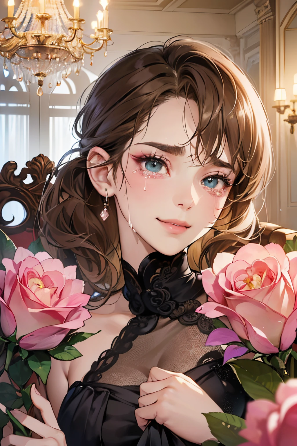 (masutepiece, Digital Art, Digital Illustration, 4K, 8K, Ultra-detailed, beautiful image, Sharp Image, Photorealistic, Raw photo, Perfect face, Perfect lines, Perfect eyes, Soft lighting) 1 woman, (lightbrown hair,Chignon Hair,Innocent look,drooping eyebrows,drooing eyes,with round face,Round jaws、Innocence,cute little,big eye,natural make up,kindly smile,E-cup,23 y-o woman:1.3),Two handsome men in suits, (ember,Men in suits,well-muscled,Firm shoulder width,Adult male,Boyish hairstyle,Man in his 30s with a cool expression,28-year-old man with bright smile:1.2),Antique furnishings,Antique Clamps,Antique chair,chandeliers,Crystal Glass,Luxury,fantastical light,Marble fireplace,(embarrassed from,Shy smile,Bouquet of pink roses:1.2),Antique sofa,Leather sofa,Crying face,Crying in frustration,Beautiful tears、the kiss、kiss、a couple、couple kissing、Romance、one piece dress、