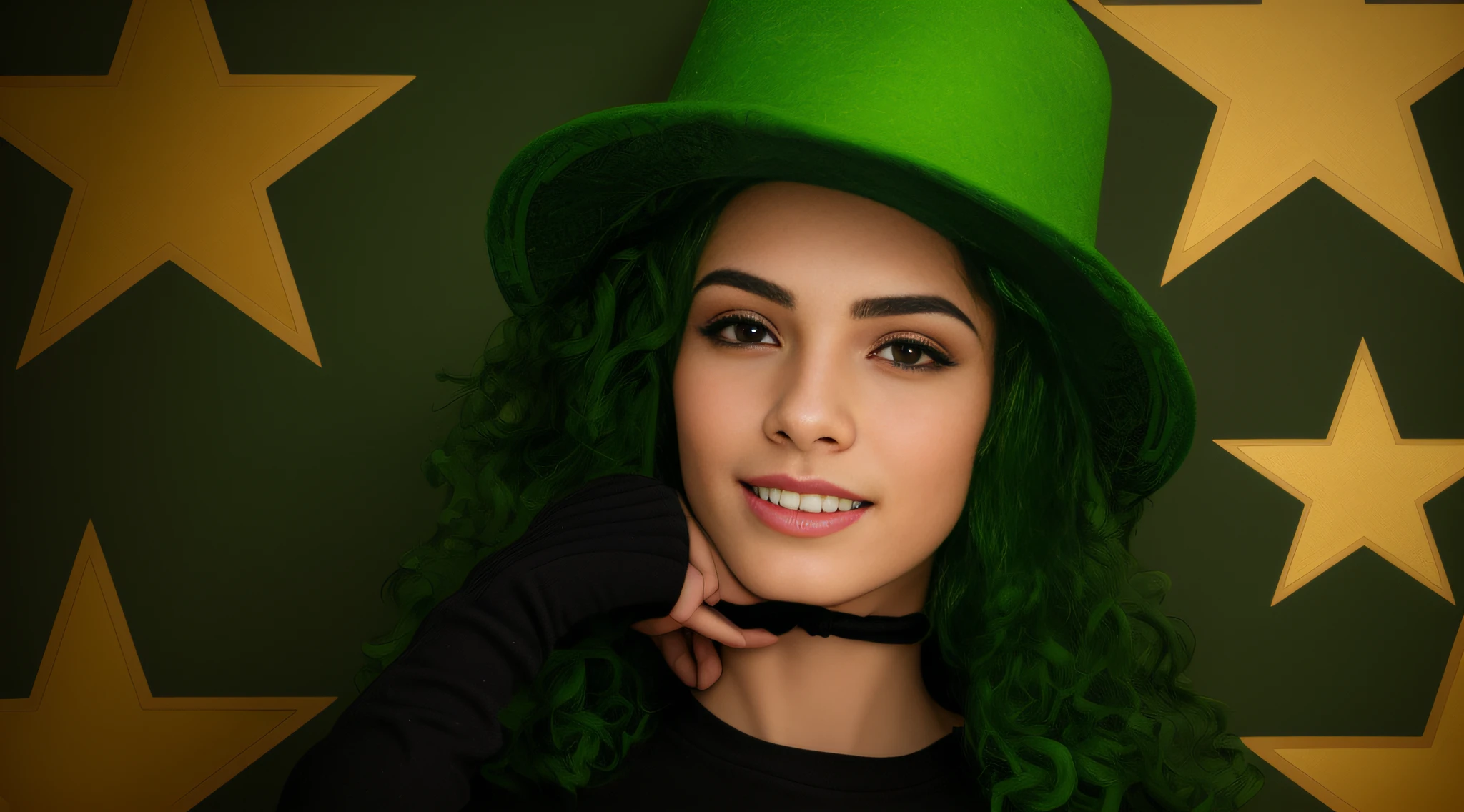 there is a young woman wearing a green hat and a black shirt, vestindo cartola verde, verde e ouro, green hat, wearing a silly hat, cabrito, garotada, verde e amarelo, wearing a party hat, usando uma cartola, imagem retrato, vestindo verde e dourado elaborados, foto retrato, ouro e verde, advertisement, garoto feliz, Alto tem