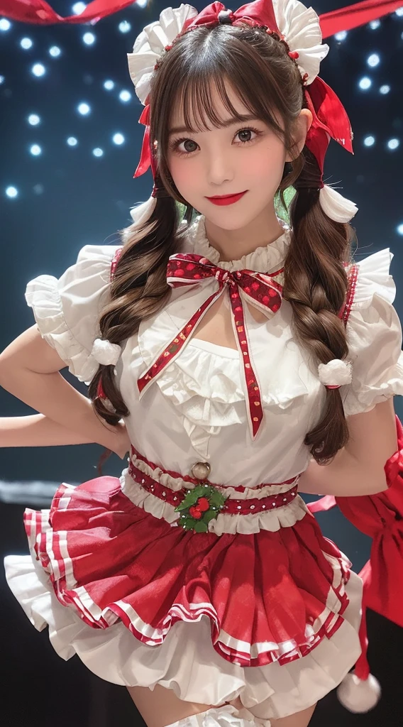 masutepiece, Best Quality, Illustration, Ultra-detailed, finely detail, hight resolution, 8K Wallpaper, Perfect dynamic composition, Beautiful detailed eyes, doress,Medium Hair, mid-chest, Natural Color Lip, Random and sexy poses,Smile、(A fully decorated idol costume ((Ruffles and ribbons)):1.3), (Look effortlessly chic with a festive idol ensemble:1.2),(Features a Christmas-themed pattern:1.5), (Effortlessly chic hairstyle:1.4),
BREAK, (A stage inspired by the magic of Christmas:1.2), (Colorful spotlights illuminating the scene:1.3), (Captivating the essence of Christmas cheer:1.2), (Decorated with cute frills and ribbons:1.3), (Festival stage with a gorgeous atmosphere:1.3), (evoke a sense of holiday magic:1.2), (Whispers of energetic and cute performance:1.1),