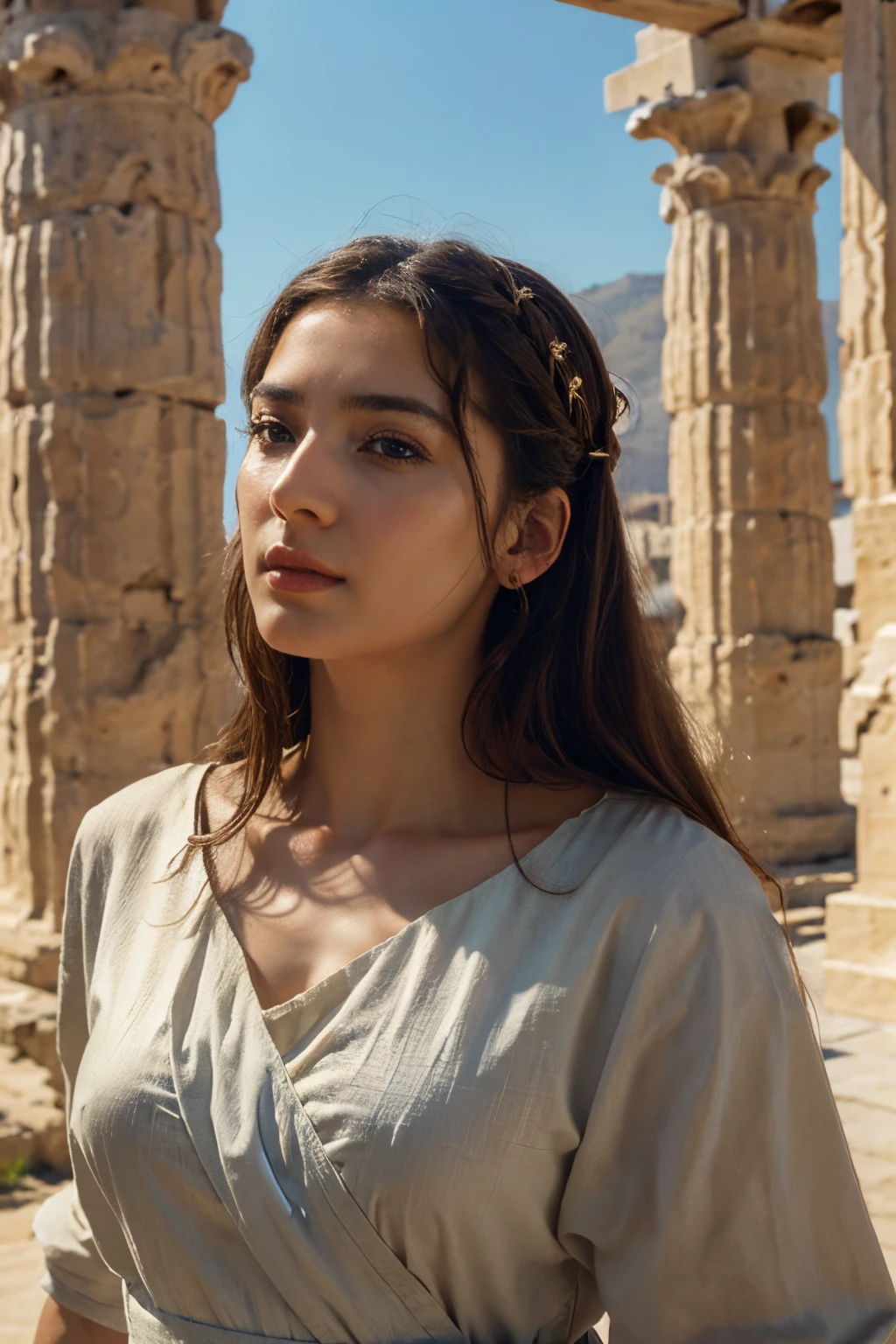 masterpiece, highly detailed, hihgly realistic, beautiful ancient greek woman looking at he sky