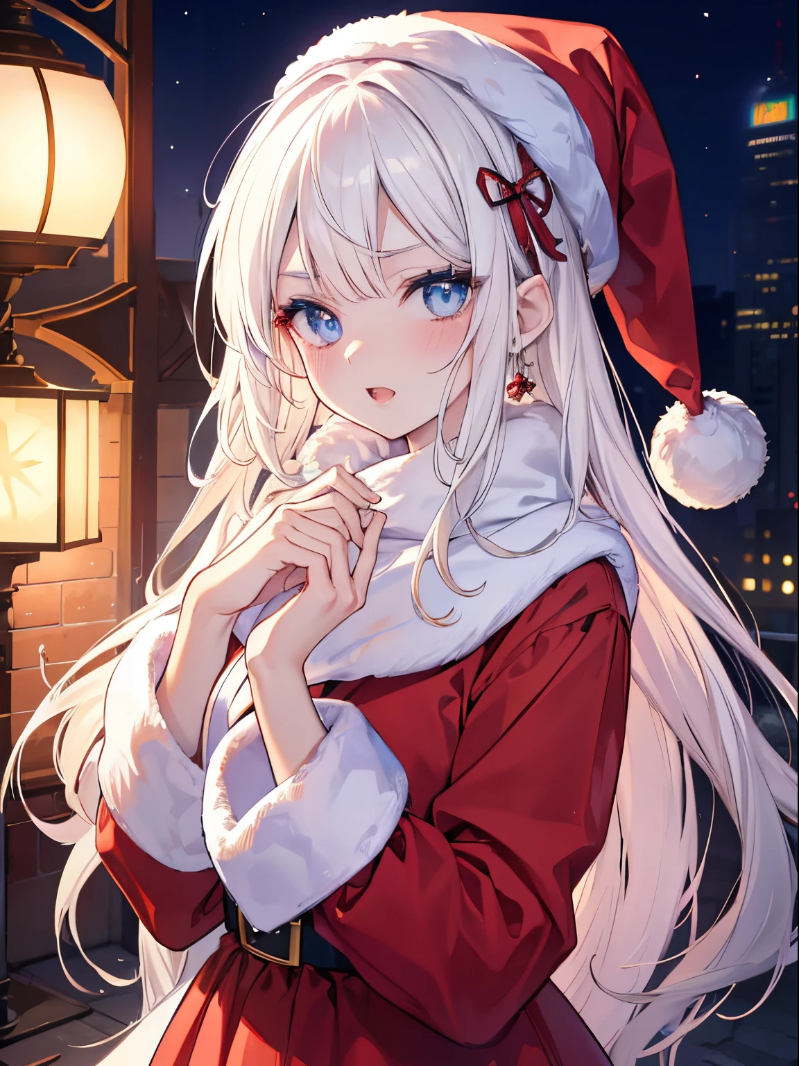 masutepiece, Highest Quality, (Perfect face:1.1), (high detailing:1.1), (ultradetailed eyes), Dramatic, superfine illustration, Extremely detailed, 1girl in, (pale skin), long white hair, Ethereal eyes, Blue eyes,tareme, (light eyebrow),blush,Solo, Happy, Laugh, Open mouth, Pouty lips,Cinematic lighting, Looking at Viewer,Cowboy Shot, Christmas, Santa Claus Costume, santa claus,Long sleeve