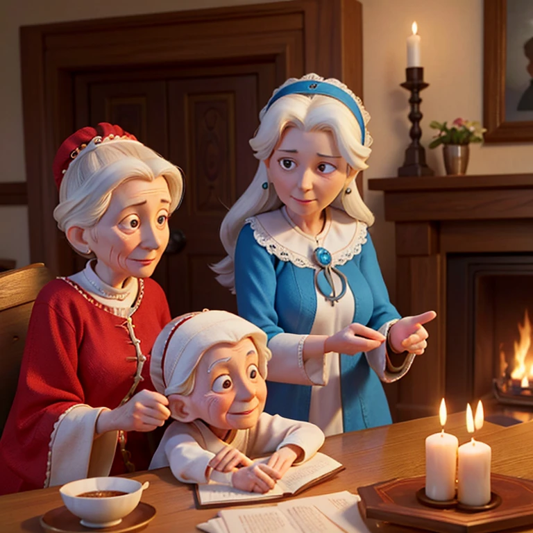 Margaret, a wise and compassionate elderly woman, approaching Mary's parents with concern.Visualize Margaret, her weathered face etched with wisdom and kindness, addressing Mary's parents. Her gentle demeanor and heartfelt words convey her deep concern for Henry and Mary's happiness. The warm glow of the fireplace illuminates the scene, creating a sense of intimacy and trust.