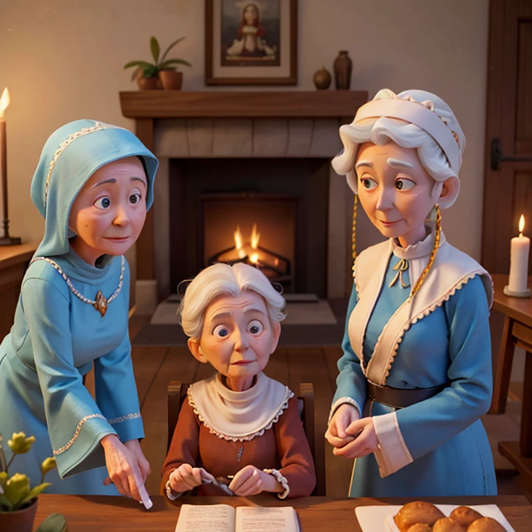 Margaret, a wise and compassionate elderly woman, approaching Mary's parents with concern.Visualize Margaret, her weathered face etched with wisdom and kindness, addressing Mary's parents. Her gentle demeanor and heartfelt words convey her deep concern for Henry and Mary's happiness. The warm glow of the fireplace illuminates the scene, creating a sense of intimacy and trust.