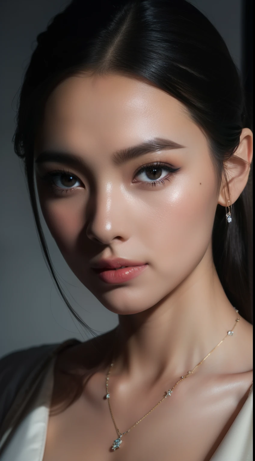 Best quality, masterpiece, high resolution, 1girl, porcelain dress, hair accessories, necklace, jewelry, beautiful face, on the body, Tyndall effect, realistic, dark studio, edge lighting, two-tone lighting, (high detail skin: 1.2), 8k UHD, dslr, soft light, high quality, volumetric light, candid, photo, high resolution, 4k, 8k, background blur,