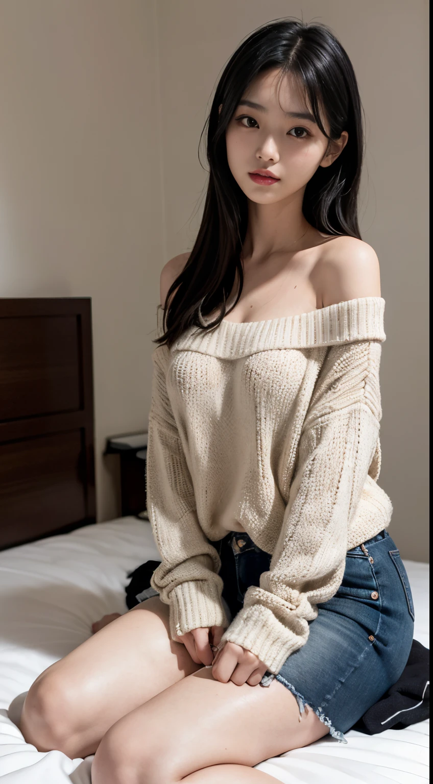 8K,best qualtiy, tmasterpiece, Three-dimensional feeling,真实感,college girl,Raised sexy,looking at viewert,Chinese face,Delicate facial features, with short black hair,messy hair,ssmile, Be red in the face, White skin in the red,beautifullegs,Medium height,with a good figure,off-shoulder sweater,Extra-long sweater,medium boob,Looming,There is sweat,The whole person knelt on the bed,on bedroom,The background is real,with whole body visible,Front Shooting,SLR shooting,