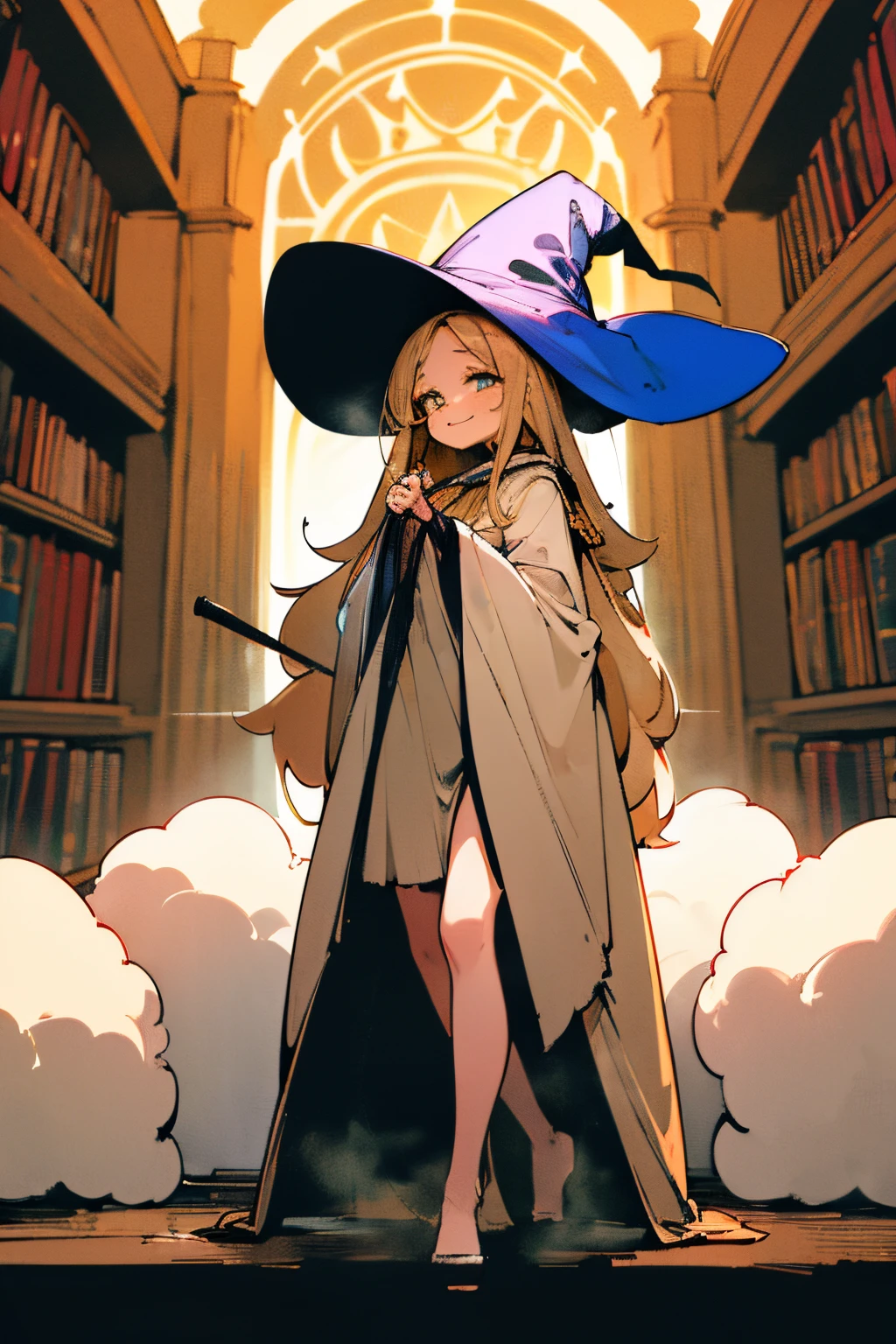 ((Masterpiece)), (RAW photo: 1.2), (Professional Photography:1.2), (High Definition:1.3), Cute teenage ***********, ((the witch)), smile, fluffy hair, long beige hair, ((the witch)), (fluffy hair), Ivory long hair, Witch robe and fluffy skirt, ((standing on one leg)), (Beautiful Black big Witch Hat), Holding a magic wand with both hands, kawaii, (in the library room), Do not look at the viewer