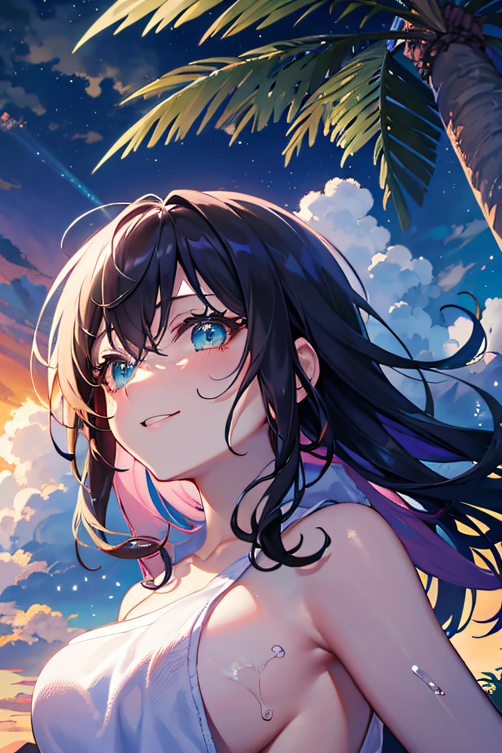 extremely details CG，UHD Wallpapers， Extremely detailed，（（（best qualtiy）））， （（ultra-detailliert））， 1 milf, huge black tits_hair， Blue_Eyes， Large breasts，（Naked_a towel）， 云， cloudy_skyporn， crepuscular， natta， gradient_skyporn， Horizon， up looking_で_peeping at the viewer， makeups， mediating_breasts， Aqua Eye， woven， Eau， water dripping， mont， mountainous_Horizon， a navel， mare， orange_skyporn， outside of house， coconut palms_tree， Purple_skyporn， Red_skyporn， Short_hair， Sat down， 天空， ssmile， 独奏， suns， Sun rays， sun setting， a towel， The tree， at the sunset， Eau