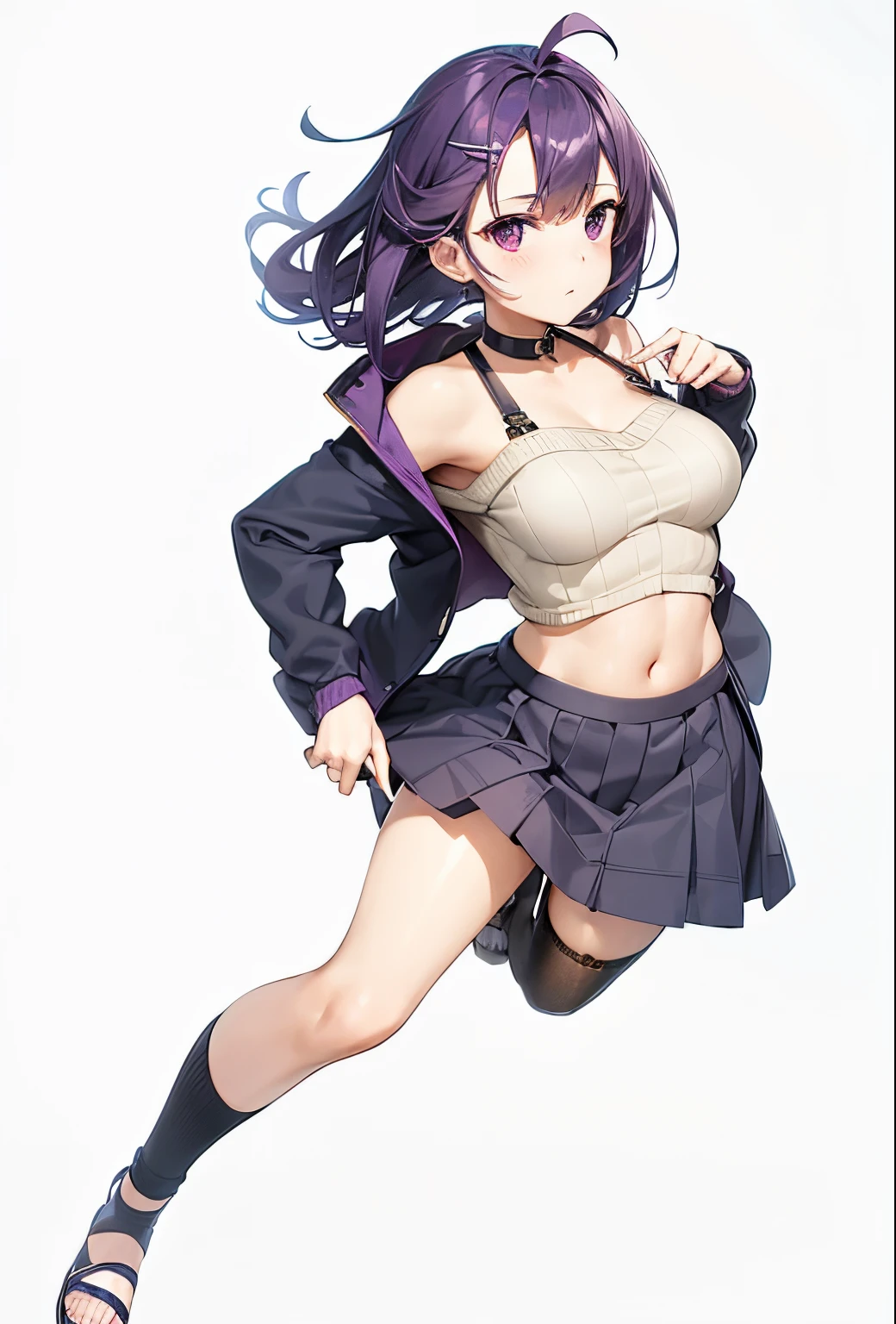 1 girl, purple hair, hair clips, navy jacket in sweater, off-shoulder clothes, garter belt, garter ring, gray skirt, sandals, reggings
