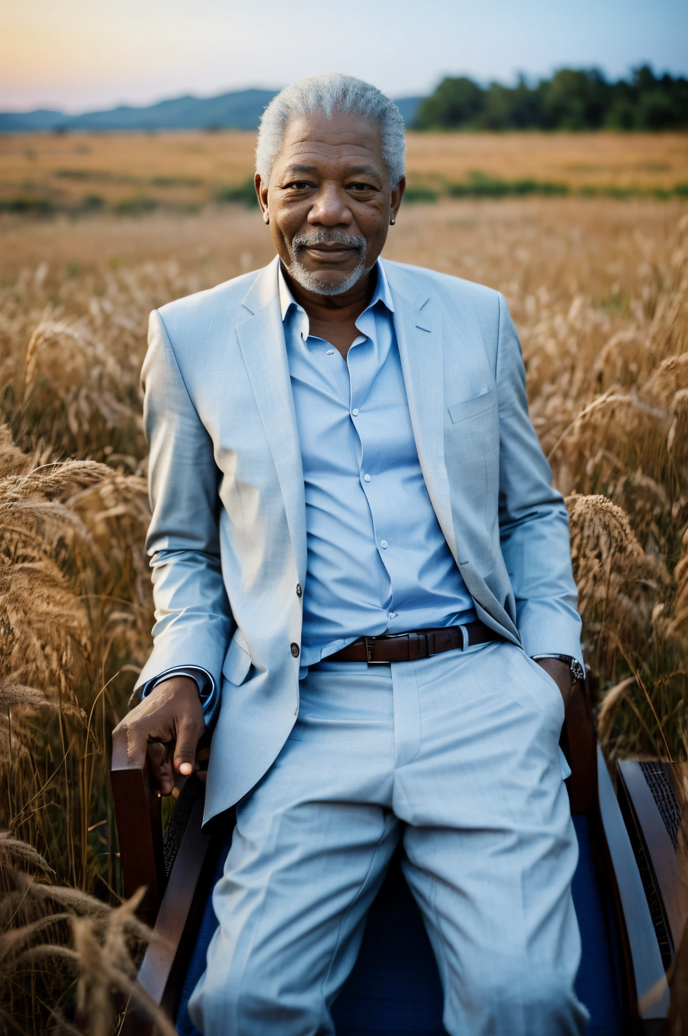 African American actor(Morgan Freeman(Morgan Freeman))of photos,《Fake god》God in(By Morgan Freeman(Morgan Freeman) play),Nemu(Morgan Freeman(Morgan Freeman))dressed in a:Sophisticated white suit,Sit in a white chair,Smile at the camera,(mont:1.2) (tall grass:1.2), Rochas, The is very detailed, finedetail, (iintricate:1.3), (lens flare glow:0.6), (The light from the back window is backlighted:0.8), (full bloom:0.8), shallowdepthoffield,Detailed face, Detailed eyes,(correct hand:1.5),(Complete and beautiful five fingers:1.5),(Anatomically correct limbs:1.5),(Correct anatomy:1.5),(correct perspective:1.5), (greg rutkovsky:0.8),