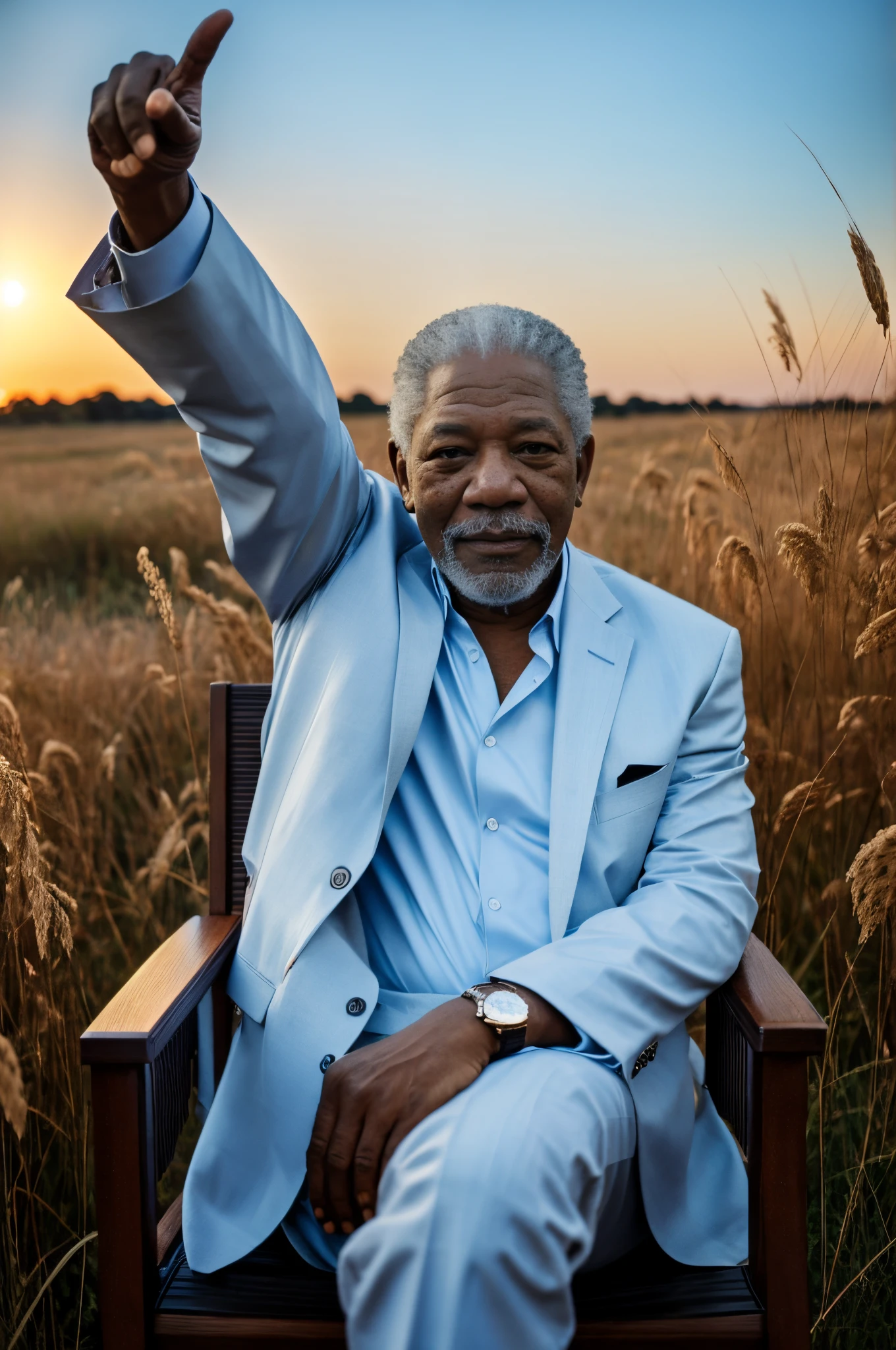 African American actor(Morgan Freeman(Morgan Freeman))of photos,《Fake god》God in(By Morgan Freeman(Morgan Freeman) play),Nemu(Morgan Freeman(Morgan Freeman))dressed in a:Sophisticated white suit,Sit in a white chair,Smile at the camera,(mont:1.2) (tall grass:1.2), Rochas, The is very detailed, finedetail, (iintricate:1.3), (lens flare glow:0.6), (The light from the back window is backlighted:0.8), (full bloom:0.8), shallowdepthoffield,Detailed face, Detailed eyes,(correct hand:1.5),(Complete and beautiful five fingers:1.5),(Anatomically correct limbs:1.5),(Correct anatomy:1.5),(correct perspective:1.5), (greg rutkovsky:0.8),