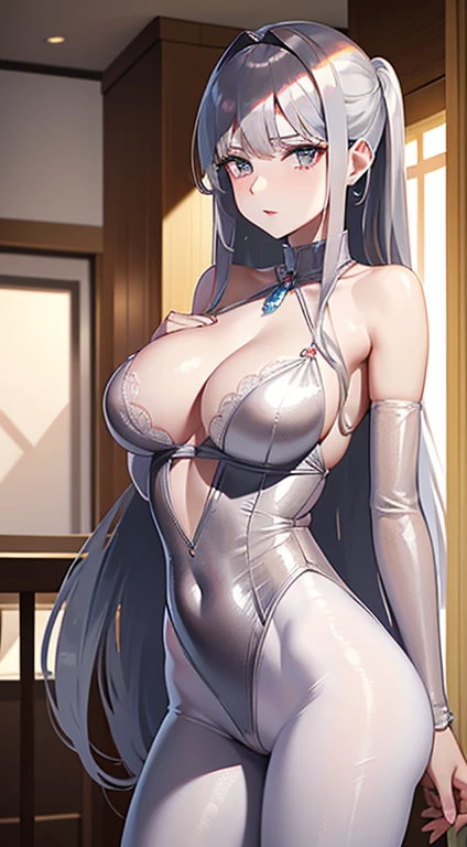 masutepiece, Best Quality, hight resolution, Two married women, (Full body/Portrait/Fulll body Shot/Bust Focus)(Russian) ((Sheer white skin:1.3)) ((beutiful breast)) poneyTail ((silber hair:1.5)) drooing eyes natural make up Business District salmon pink lipstick Pantsuit