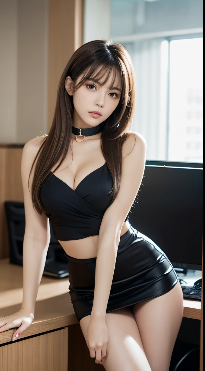 (Best Quality, 8K, masutepiece, Ultra HD: 1.3), 1girl in, mideum breasts, light brown hair, Blunt bangs, hair behind ear, hair over shoulder, Long hair,  slender body shape, Ultra Fine Face, Delicate lips, Beautiful eyes, Double eyelids, lipsticks,cleavage of the breast,A gaze that invites you, Ultra-thin hands, Ultra-fine fingers, shirt with collar, tight skirts , beauty legs ,pumps.s Office