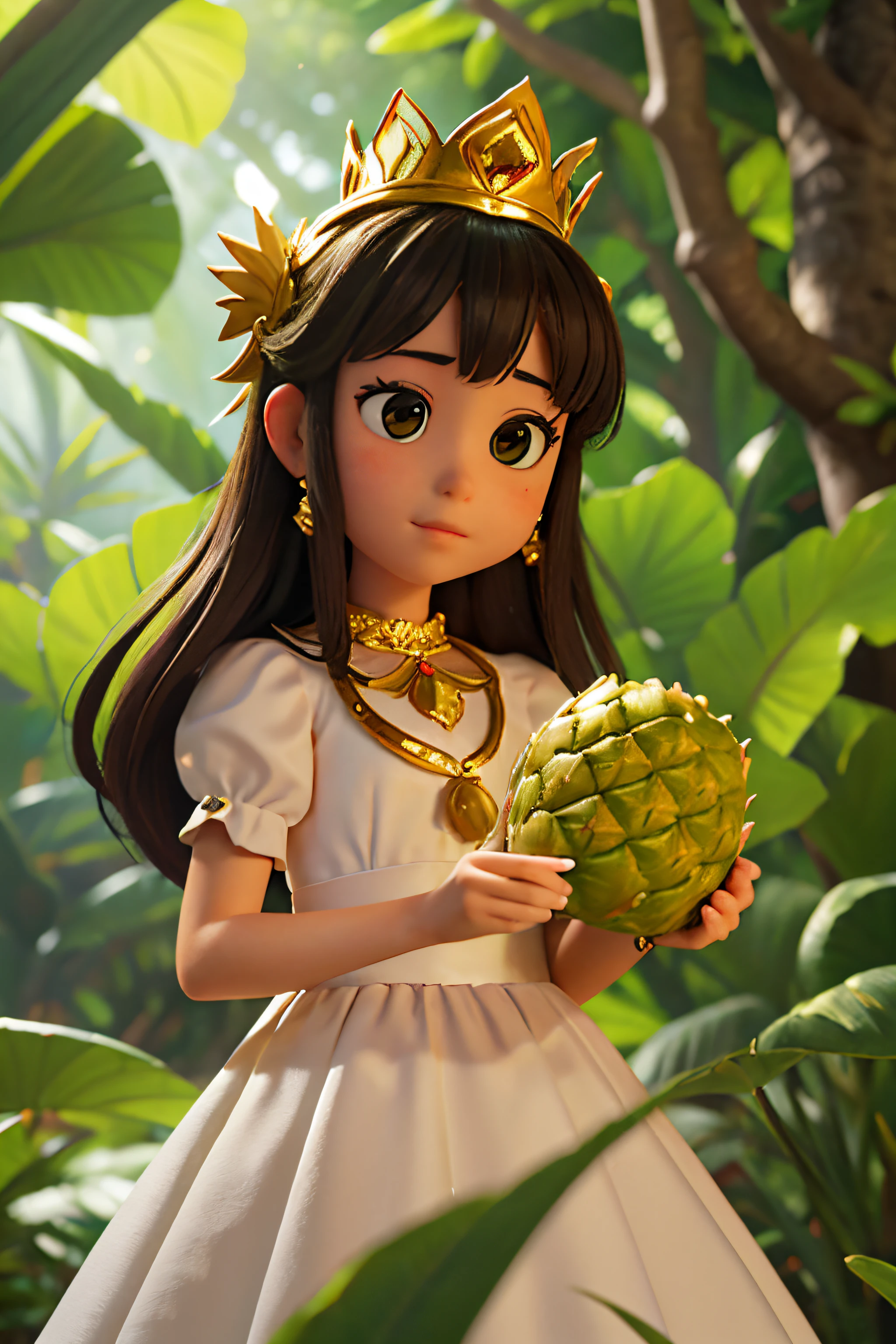 Masterpiece,A cute teen princess with southeast asian features in a simple white dress holding an enchanted pineapple in a fantasy forest. The pineapple tree is vibrant and glowing with a soft, golden light, emphasizing its mystical nature. The princess is depicted with a warm and caring expression. 4k quality. High definition.