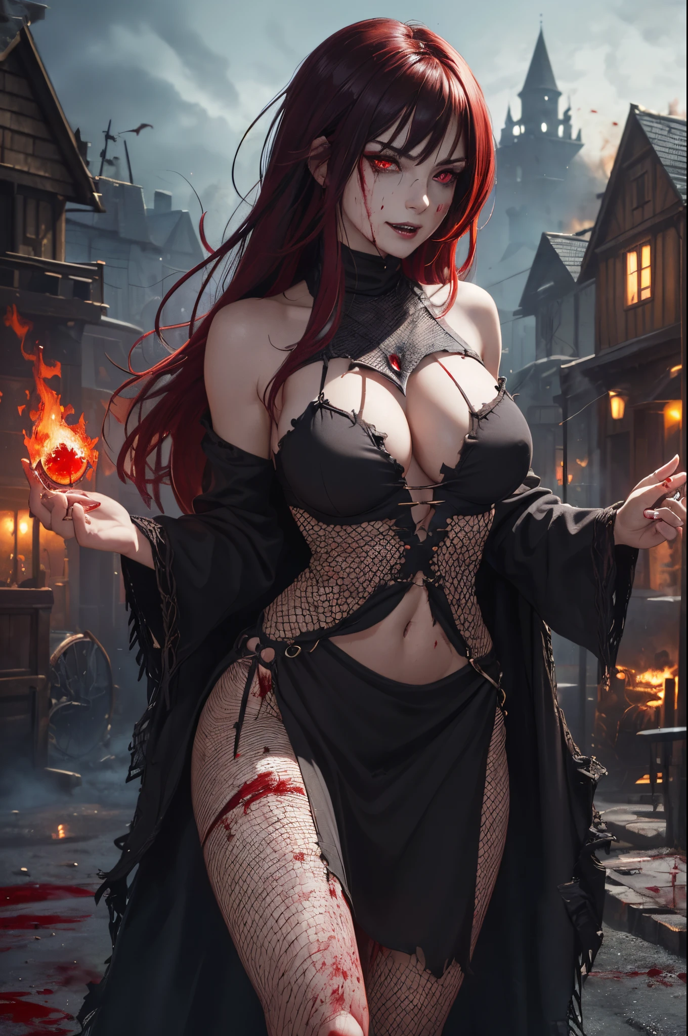 (Professional colour photography:1.4), (sexy smirk at camera), cute woman 26yo, (pinned up long hair), (black red hair), (blood magic witch:1.4), 8k, photorealistic, realistic, dramatic lighting, (detailed eyes and face:1.3), (red glowing eyes:1.2), extremely (detailed skin:1.2), very pale skin, extremely detailed face, extremely detailed eyes, (fully colored:1.3), (big breasts:1.4), (burning village in background:1.3), dark night, fit stomach, (small figure), (psychopunk-style:1.3), extremely detailed environment, extremely textured clothing, (fishnet:1.2), (wearing a dark loose dress:1.3), (torn:1.3), (sharp teeth).
