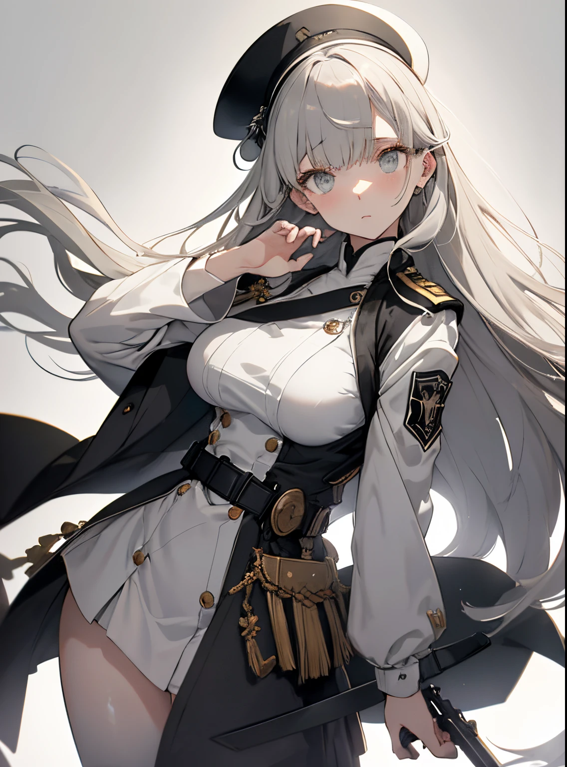 【Highest Quality, masutepiece】 [girl, expressioness, green eyes, front facing,pale brown hair, ] (Gray white background:1.7), 1girl in, Full body, black one-piece military uniform,(masutepiece:1.2, Best Quality), (finely detailed beautiful eye: 1.2), (beautifull detailed face), High contrast, (Best Illumination, extremely delicate and beautiful), ((Cinematic Light)), H Dramatic light, long hair flowing with the wind, large full breasts、Belt under boobs、black military uniform, black skirt,