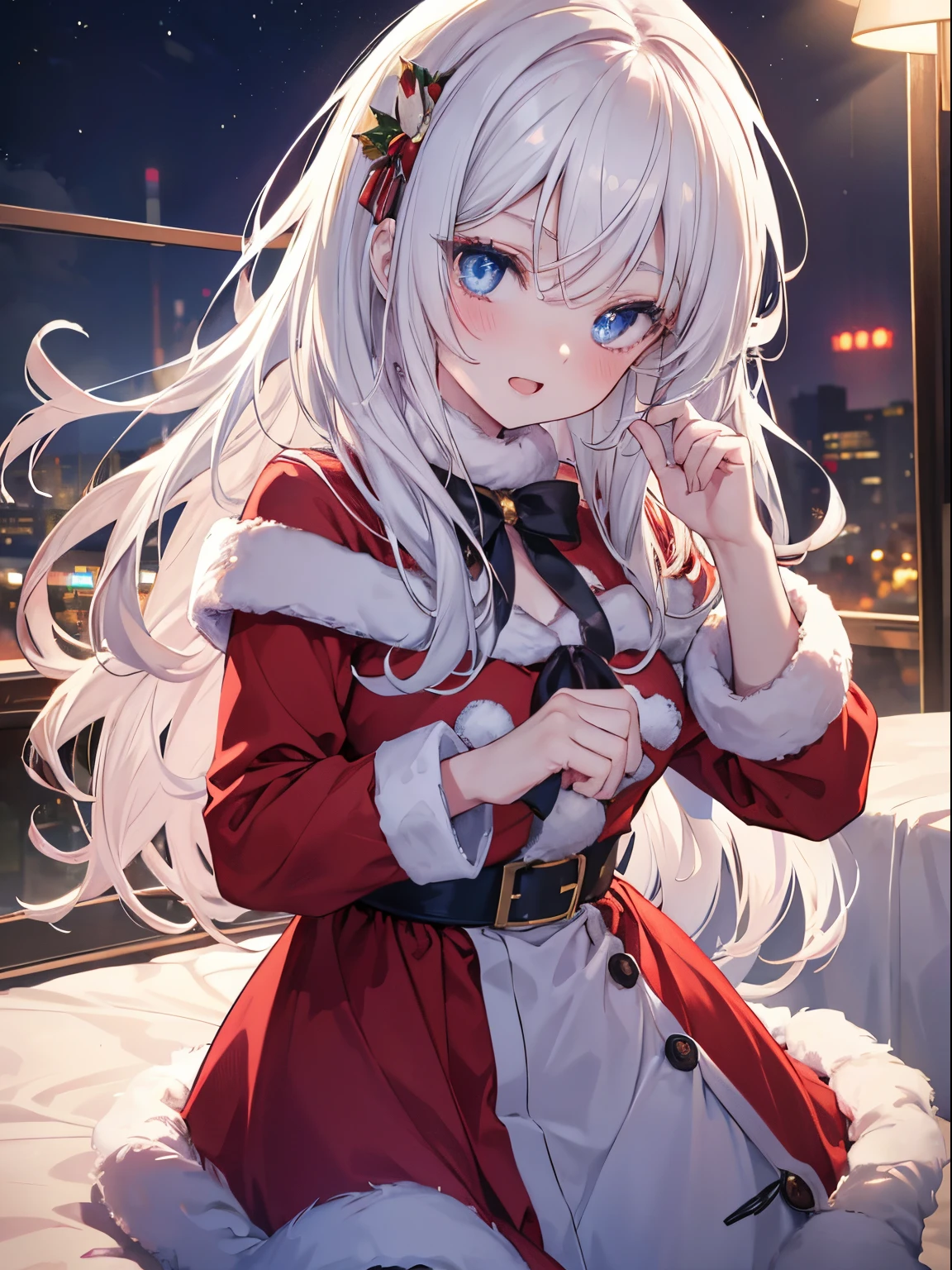 masutepiece, Highest Quality, (Perfect face:1.1), (high detailing:1.1), (ultradetailed eyes), Dramatic, superfine illustration, Extremely detailed, 1girl in, (pale skin), long white hair, Ethereal eyes, Blue eyes,tareme, (light eyebrow),blush,Solo,smile, Happy, Laugh, enjoy, Open mouth, Pouty lips,Cinematic lighting, Looking at Viewer,Cowboy Shot, Christmas, Santa Claus Costume, santa claus,Long sleeve