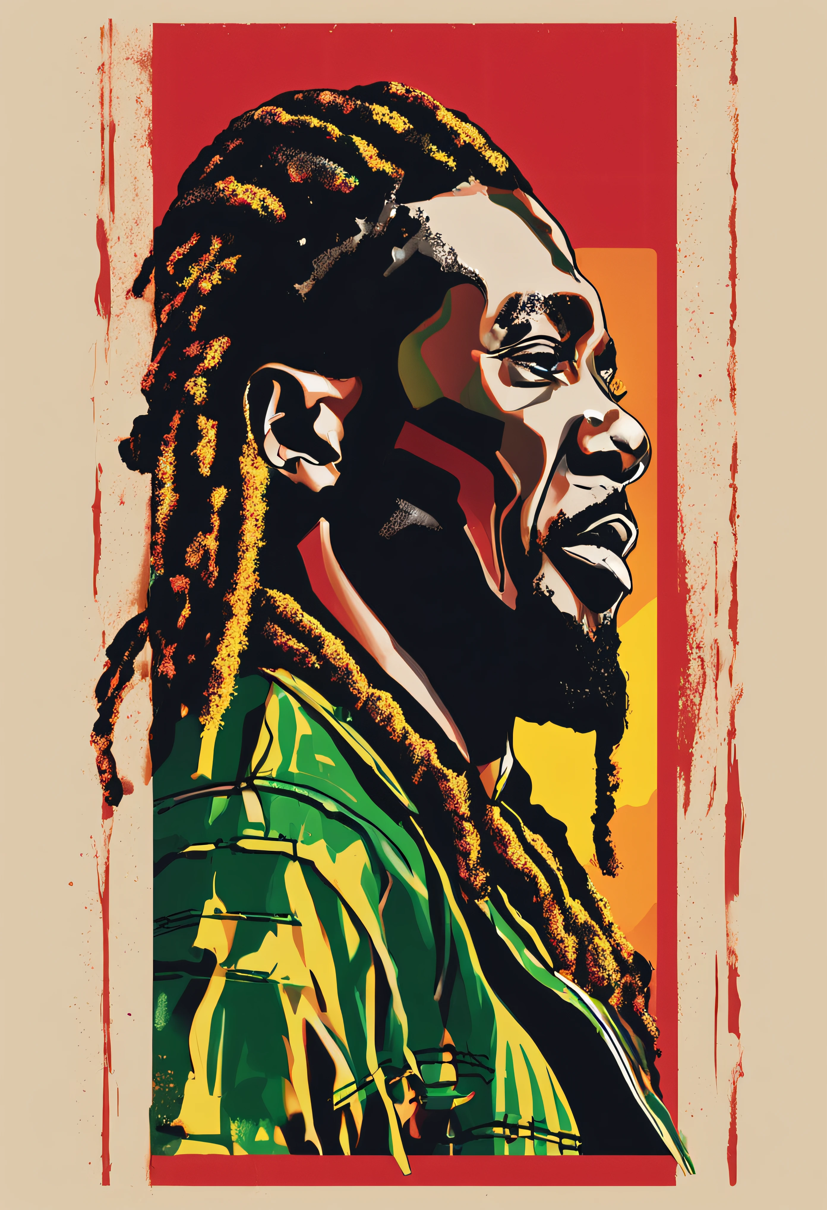 Create a logo with the head of a black man with dreadlocks in black colors, verde, amarelo e vermelho (olhando para a frente) , imagem estilo logomarca , Sober, (fundo preto), Image with resolution of at least 300dpi, UHD 8k, Very high quality for excellent printing. Lighting that highlights the figure in relation to the background, cores do reggae, Estilo da camada de disco