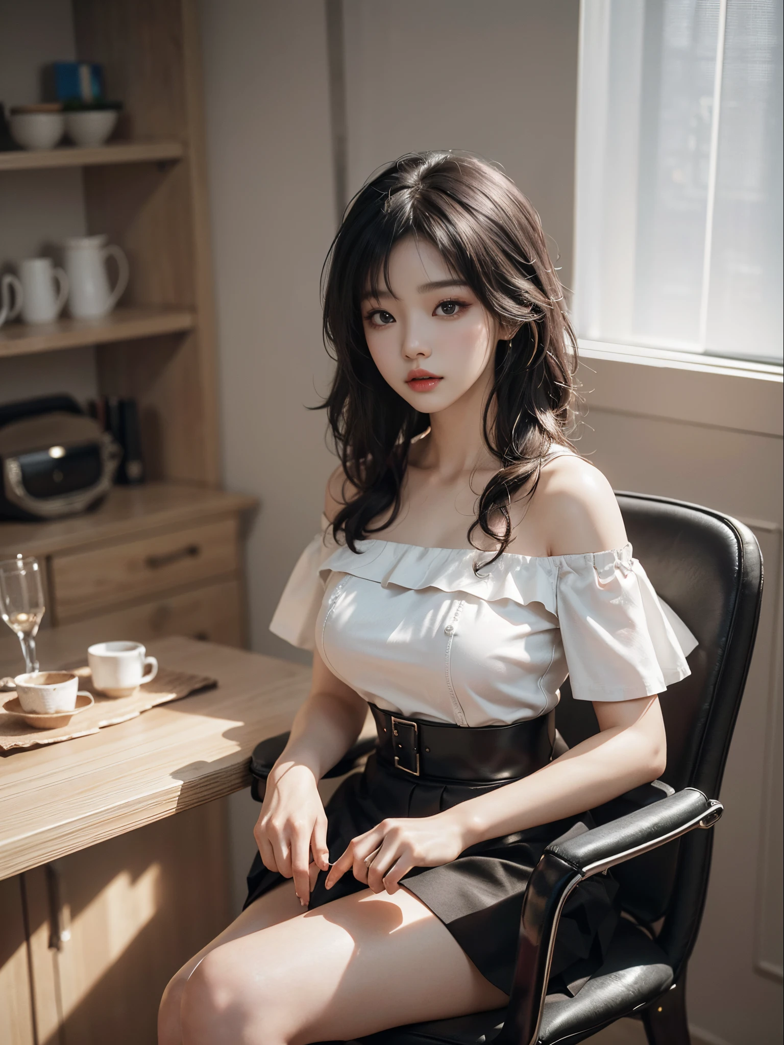 (from below), white off-shoulder blouse, black miniskirt, sitting on a chair, Korean female fashion model, (best quality, 4k, 8k, highres, masterpiece:1.2), ultra-detailed, (realistic, photorealistic, photo-realistic:1.37)