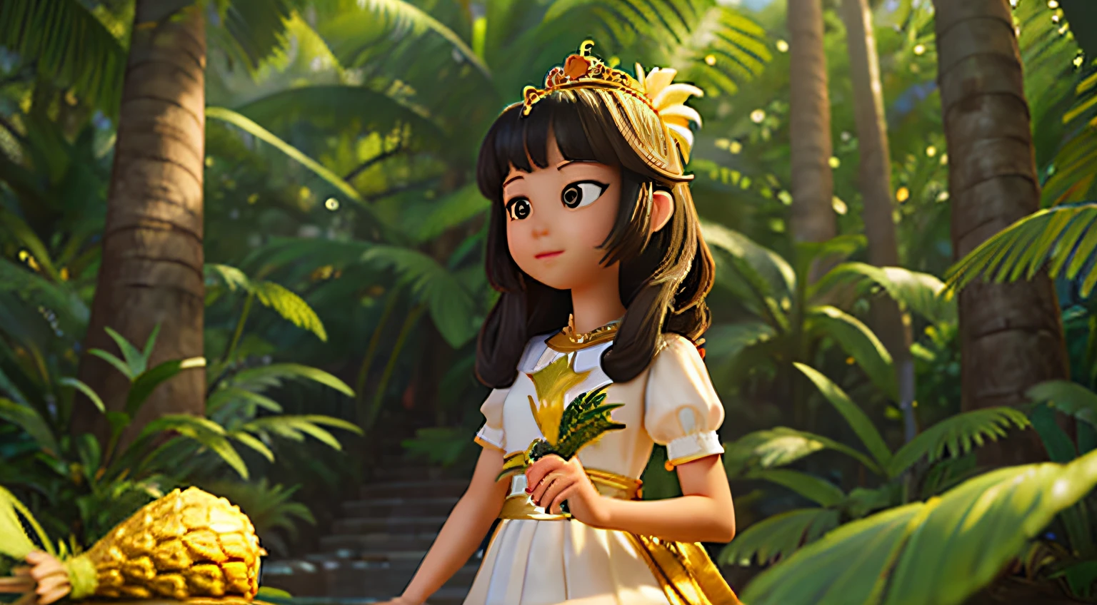 Masterpiece, A southeast asian teen princess with dark hair in a simple white dress holding an enchanted pineapple in a fantasy forest. The pineapple tree is vibrant and glowing with a soft, golden light, emphasizing its mystical nature. The princess is depicted with a warm and caring expression. 4k quality. High definition.