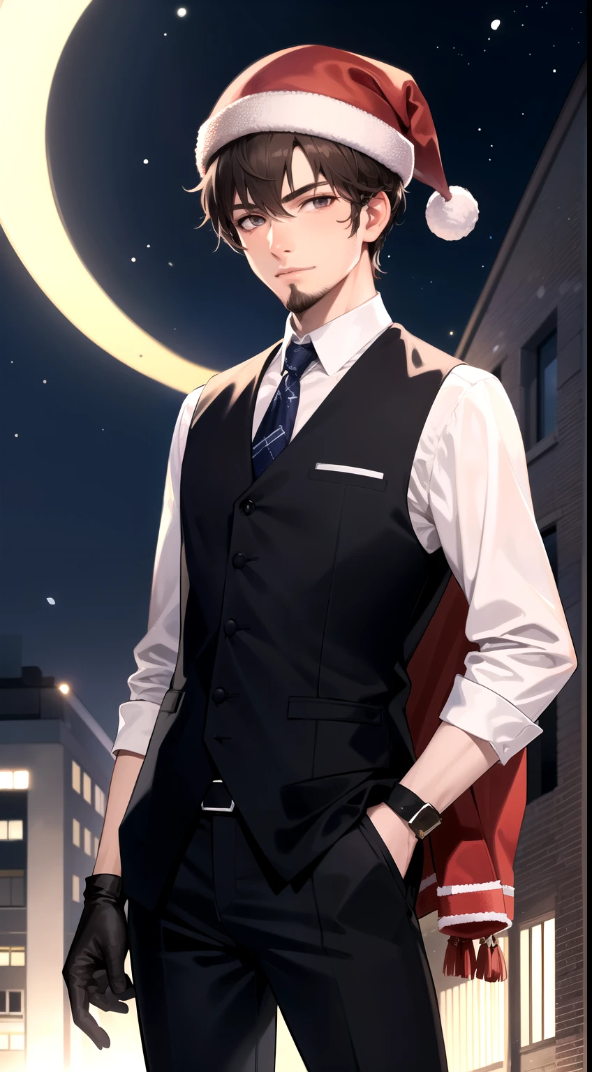 1boy, male focus, moon, solo, hat, santa hat, facial hair, night, necktie, full moon, gloves, stubble, sky, brown hair, sack, night sky, outdoors, vest, christmas, building, hand in pocket, looking at viewer, formal