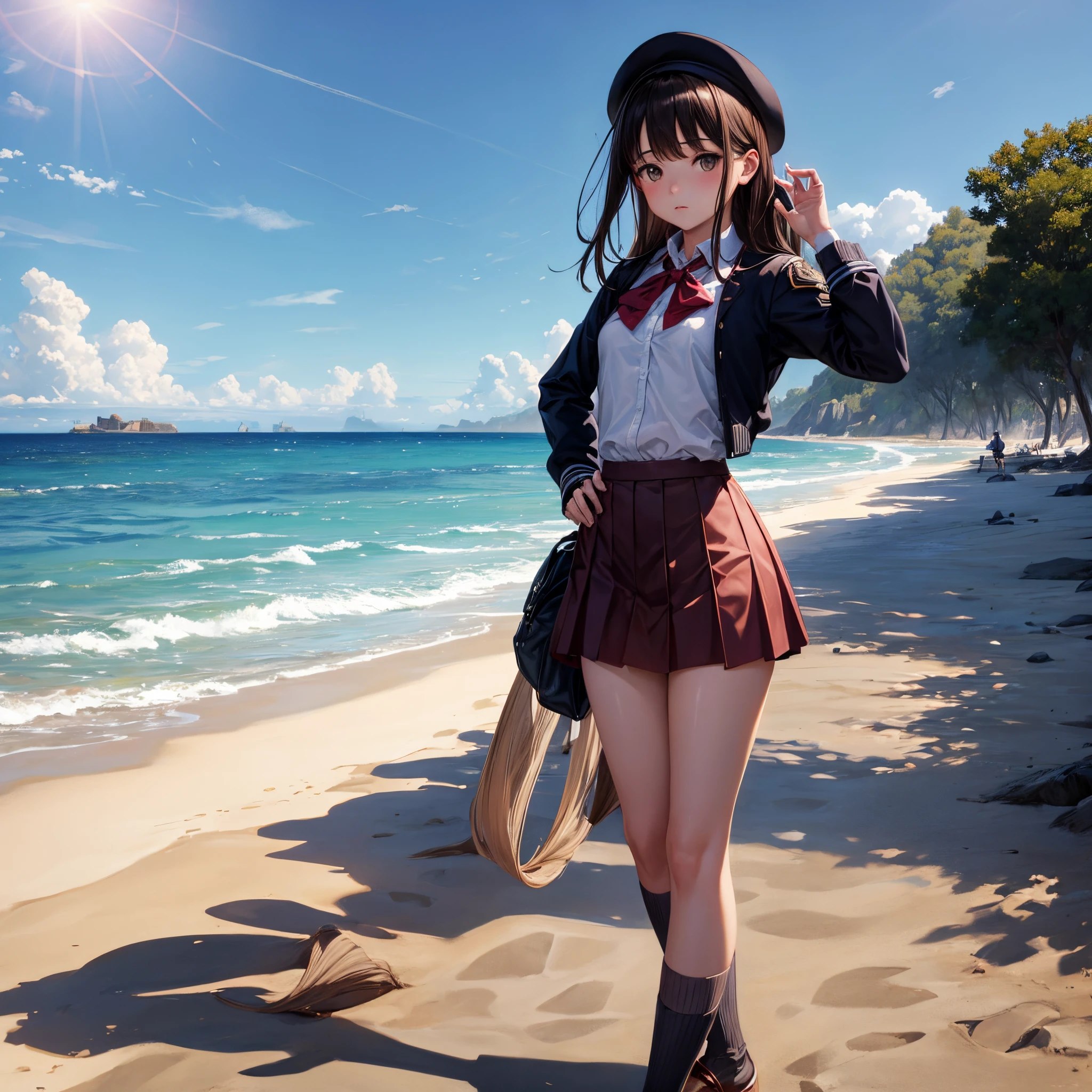 une seul fille, dark brown hair, very beautiful, seins moyen, Haut d'écoliers mouillé avec Teton qui ressort, With a small, rouge skirt that can be seen on the transparent culottes,Chaussettes Hautes Montantes Femme Chaussettes de Genoux Longues Noir Taille Unique, Mocassins D'Ecole Fille, qui se tient debout toute seul sur une plage