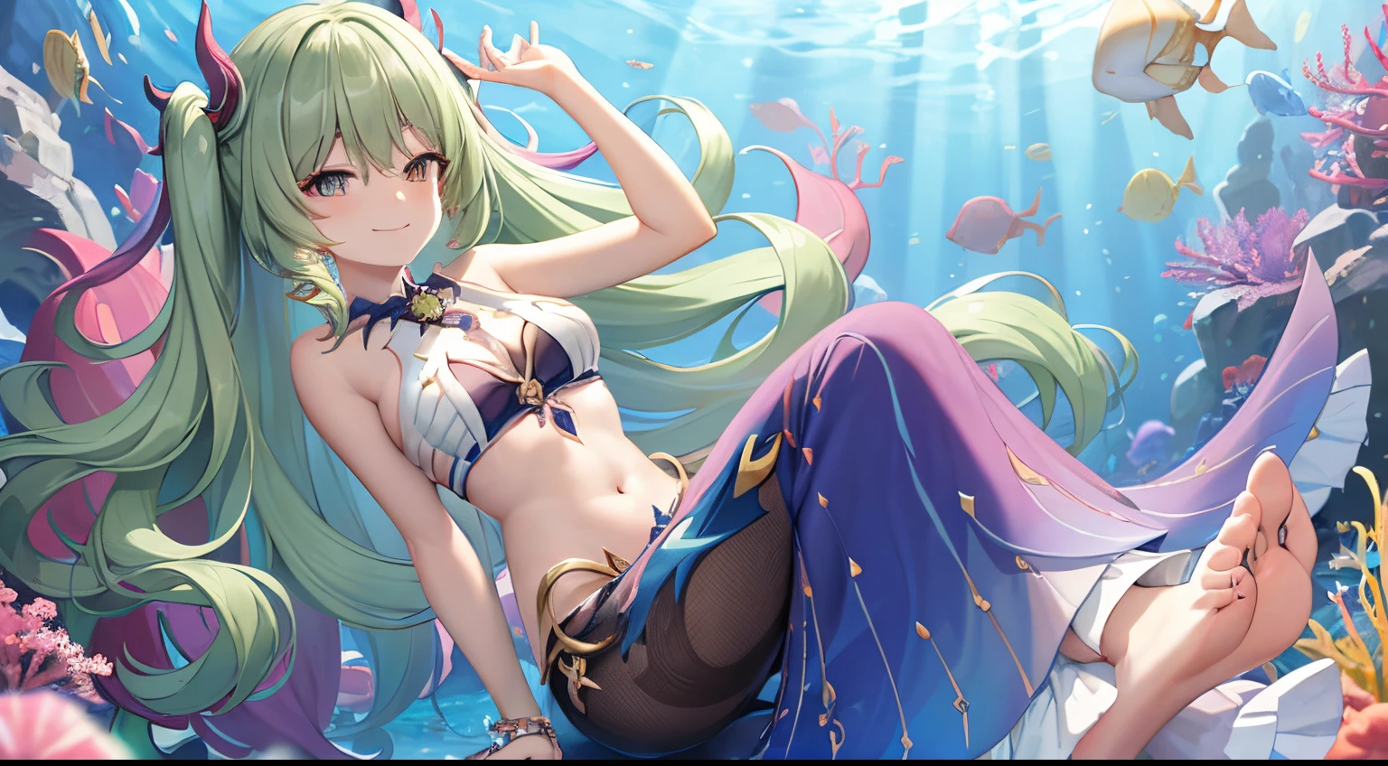 mobius (daughter of corals) (honkai impact), mobius (honkai impact), honkai (series), honkai impact 3rd, yelan xing xuan, 1girl, bangs, bare shoulders, barefoot, bikini, small breasts, cleavage, coral reef, fish, full body, beautiful, HD,. extremely detailed, green hair, jellyfish, long hair, navel, seductive smile, solo, swimsuit, toes, twintails, underwater, water