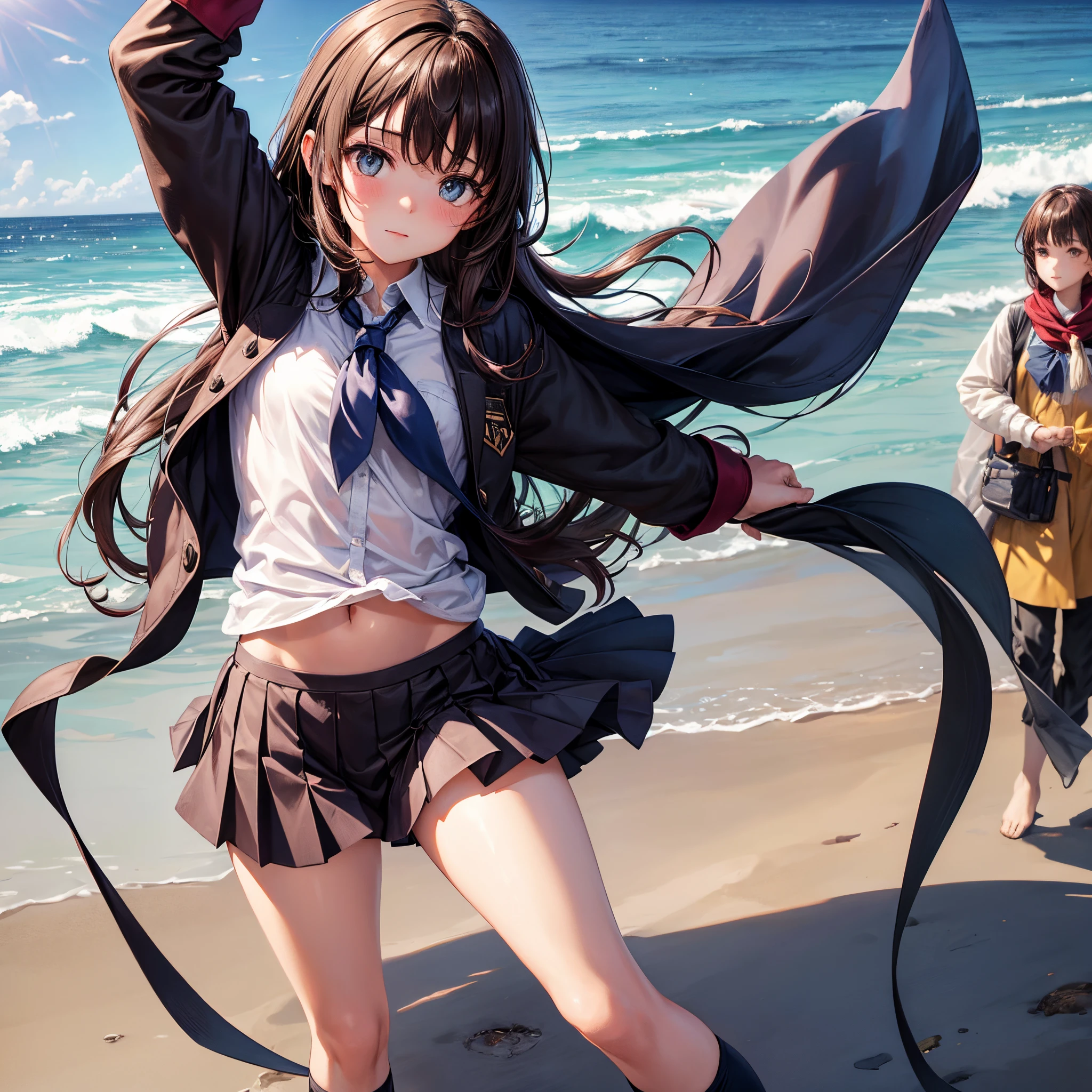 une seul fille, dark brown hair, very beautiful, seins moyen, Haut d'écoliers mouillé avec Teton qui ressort, With a small, rouge skirt that can be seen on the transparent culottes,Chaussettes Hautes Montantes Femme Chaussettes de Genoux Longues Noir Taille Unique, Mocassins D'Ecole Fille, qui se tient debout toute seul sur une plage