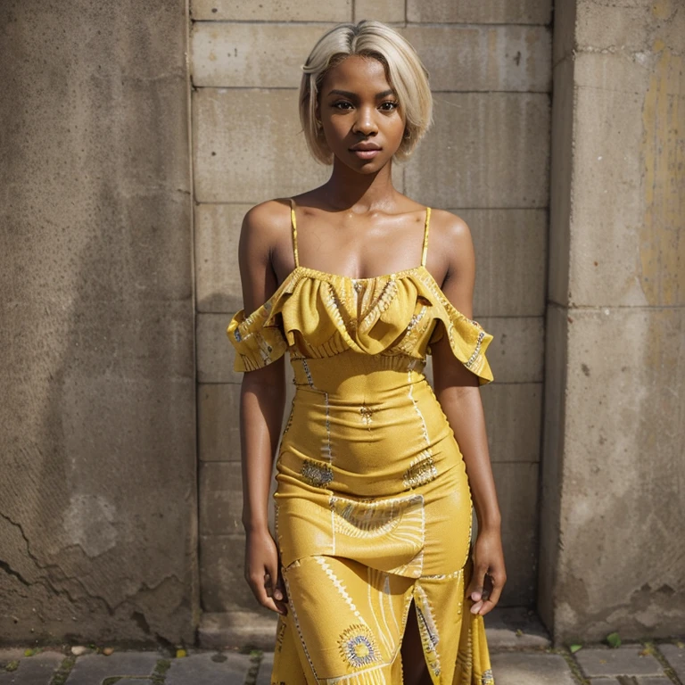 solo full shot of a very attractive ((brown skin young woman ))she is beautiful and petite wearing African women yellow ethnic digital long print dress 爆款非洲连衣裙女 ((lifelike skin texture)) ((very detailed image )) she has a petite figure ((stunning eyes and a sharp nose)) a perfect (( short blonde white hair))UHD, a Masterpiece,Realistic textures,(( hyper-realistic)), 8k, photorealistic, XT3 grain,Fujifilm((ines c dos santos)) standing in a (( street pavement ))(( trending outfit )) yellow and blue African long women ethnic digital print dress 爆款非洲连衣裙女 ((long dress))