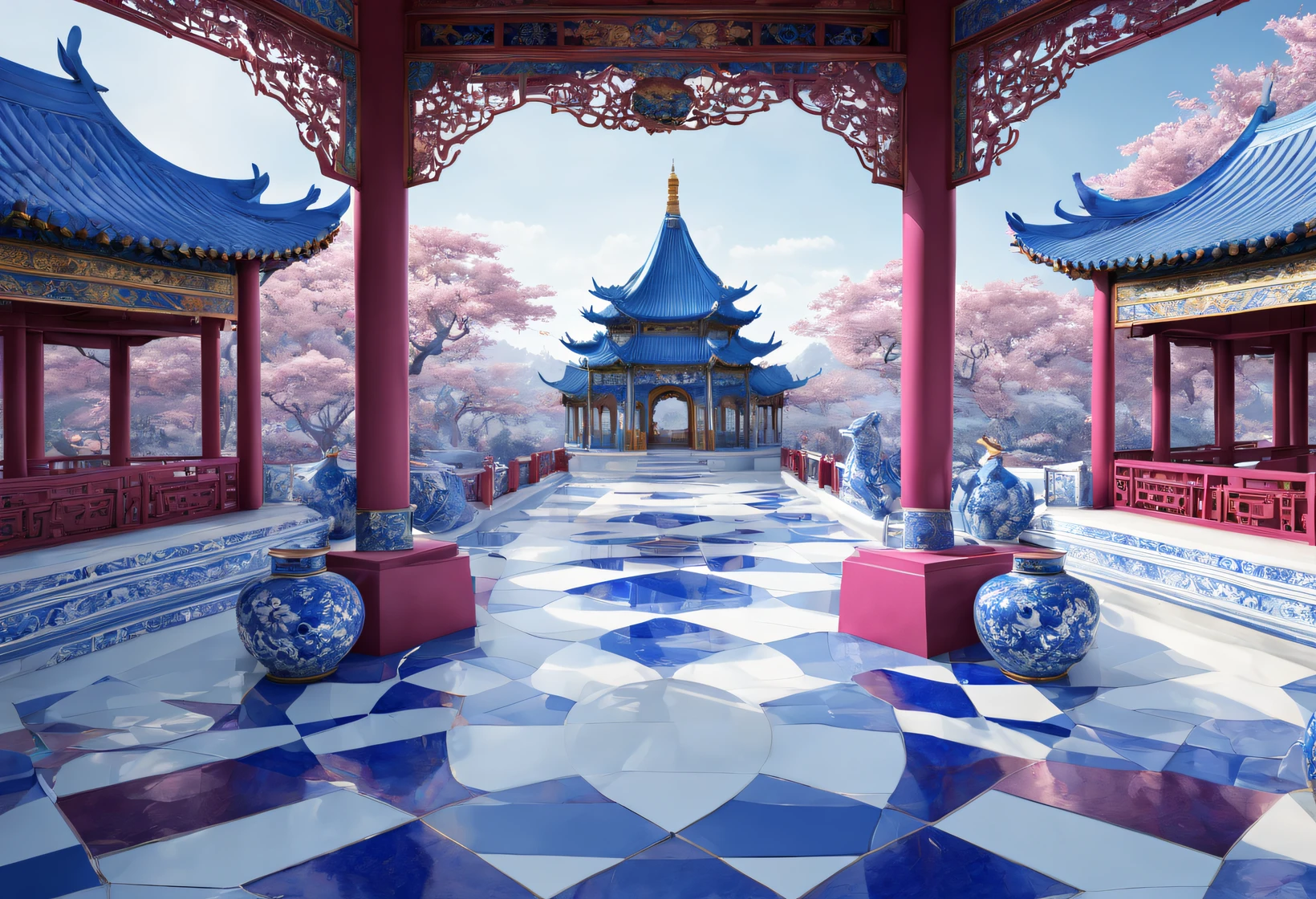 (Very unified cg scene design), (Chinese Cloisonné and Blue and White Porcelain Theme Park), (Carefully designed using European and American designs), The structure is very delicate, The texture is very clear, Super beautiful pattern, Asymmetrical balance, (magenta) Carmine+(blue white colors) blue blue blue blue+(tin foil gold) kinako, Ultra-clear texture, sculpted, Ultra-clear screen, Fantasyart, ultra-realistic realism, 3D, c4d, Bird's eye shot, from a top-down perspective,