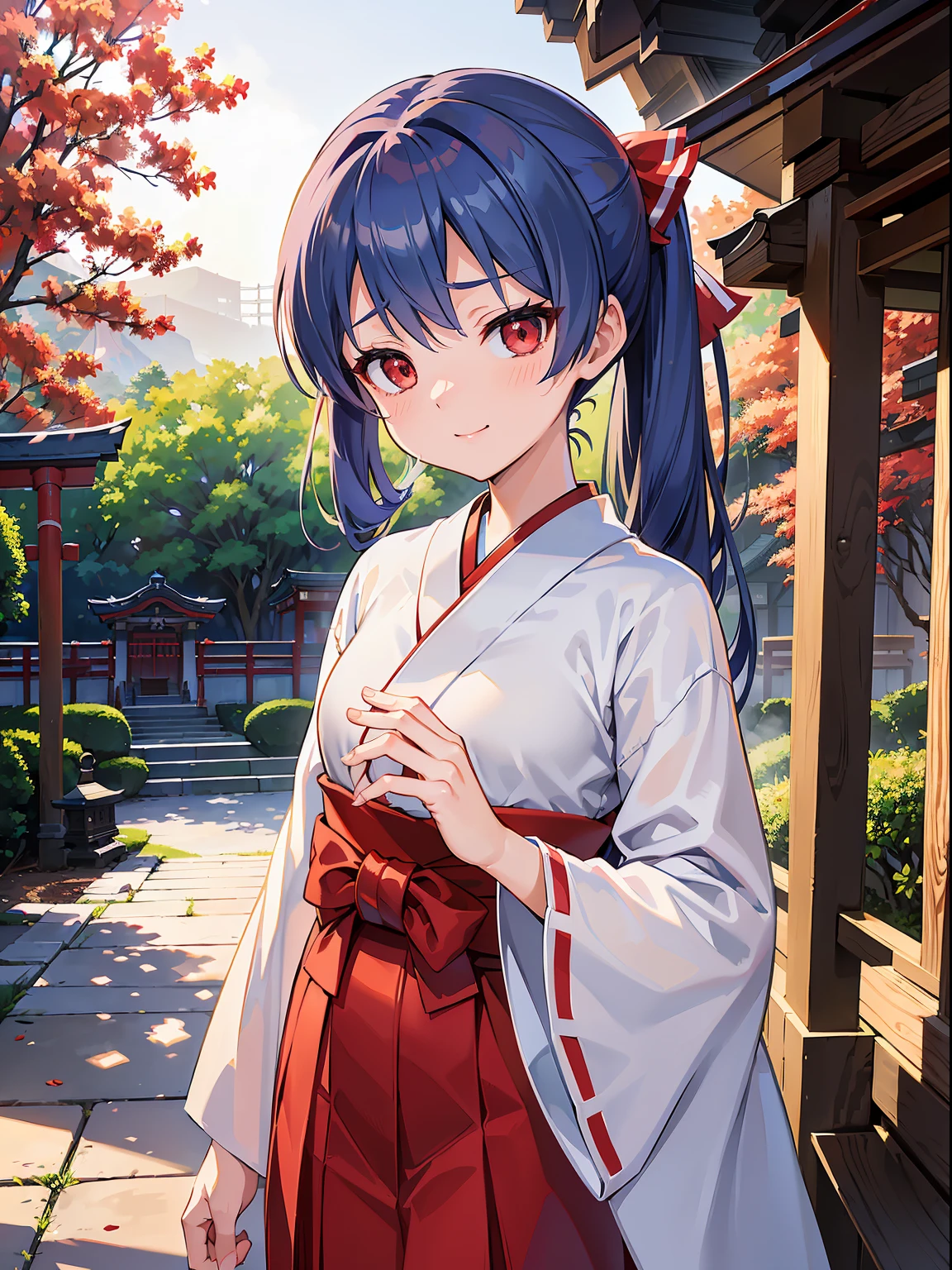 (RAW Photos, Best Quality), (animesque: 1.2), (Sharp facial features), (smaller face: 1), 1人の女性, Beautiful, (High Detail Skin: 1.2), (drooing eyes), (Red eyes), Smile, 鎖骨, cute face, Beautiful eyes, long eyelashes, ((Perfect fingers)), Clean hands, Brown hair semi-long, ((shrine maiden clothe:1.2, red hakama, Chihaya, )), ((Scenery of the shrine)), Clear air, Soft lighting, High quality, Professional Lighting, Photon mapping, Physically Based Rendering, Perfect limbs, Perfect Anatomy, tre anatomically correct,
