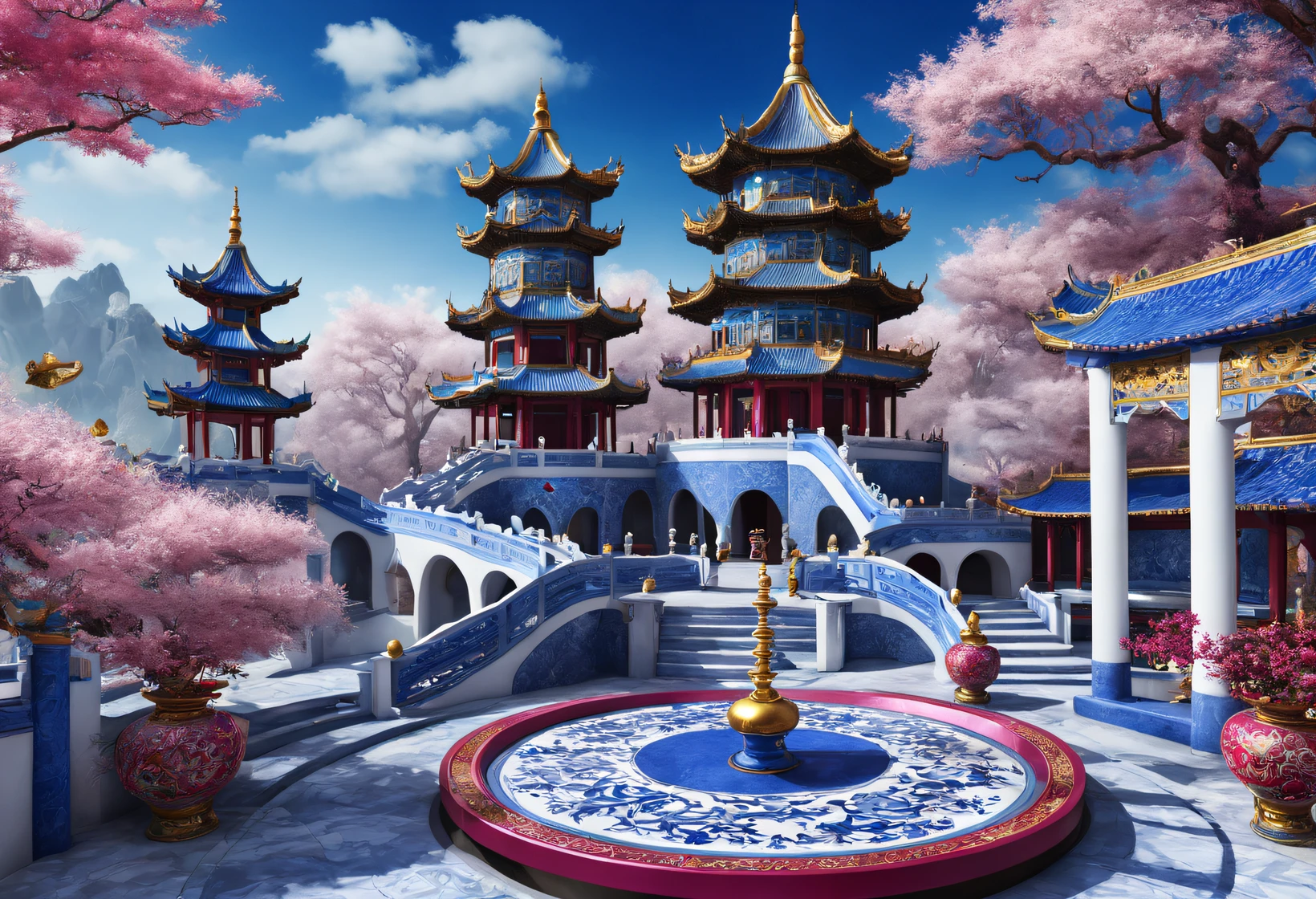 (Very unified cg scene design), (Chinese Cloisonné and Blue and White Porcelain Theme Park), (Carefully designed using European and American designs), The structure is very delicate, The texture is very clear, Super beautiful pattern, Asymmetrical balance, (magenta) Carmine+(blue white colors) blue blue blue blue+(tin foil gold) kinako, Ultra-clear texture, sculpted, Ultra-clear screen, Fantasyart, ultra-realistic realism, 3D, c4d, Bird's eye shot, from a top-down perspective,