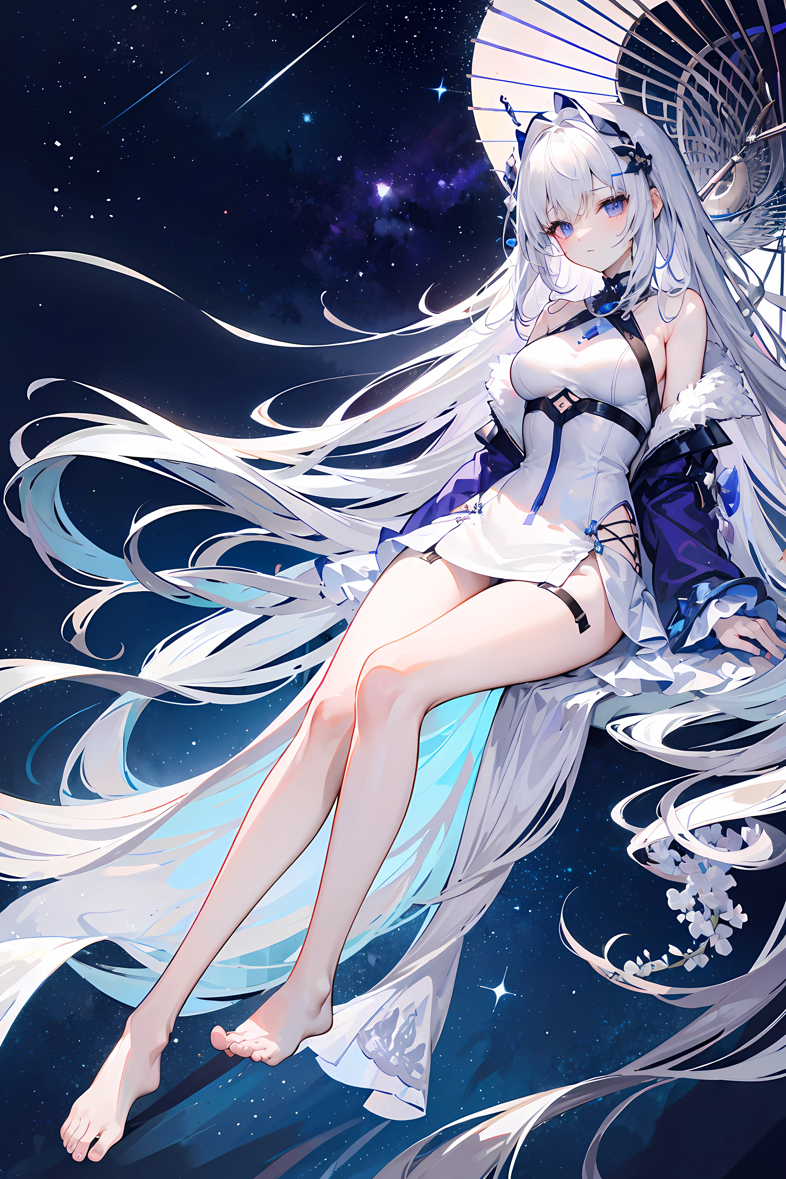 Lilac gradient hair,Asymmetrical hair,（（Hair is very thick 1.8，Hair is well-defined1.6））， Hair over the shoulder, messy  hair, Very long hair, shinny hair，(Long gray hair:1.2),A beautyful girl，（Luxury Platinum Mini Ultra Short Platinum Lolita，Made of transparent material），（Transparent clothes transparent 1.8），perfect body figure，Large slender legs，slenderness，(looking sad，Haggard complexion ，grieves，close your mouth：1.2） Against the backdrop of an unusually bright dark starry sky，（Place your hands behind your back），（Round,tuba, firm breast），The barefoot，afloat，waterface，（long leges，long leges，long leges，Perfect leg shape），fully body photo。