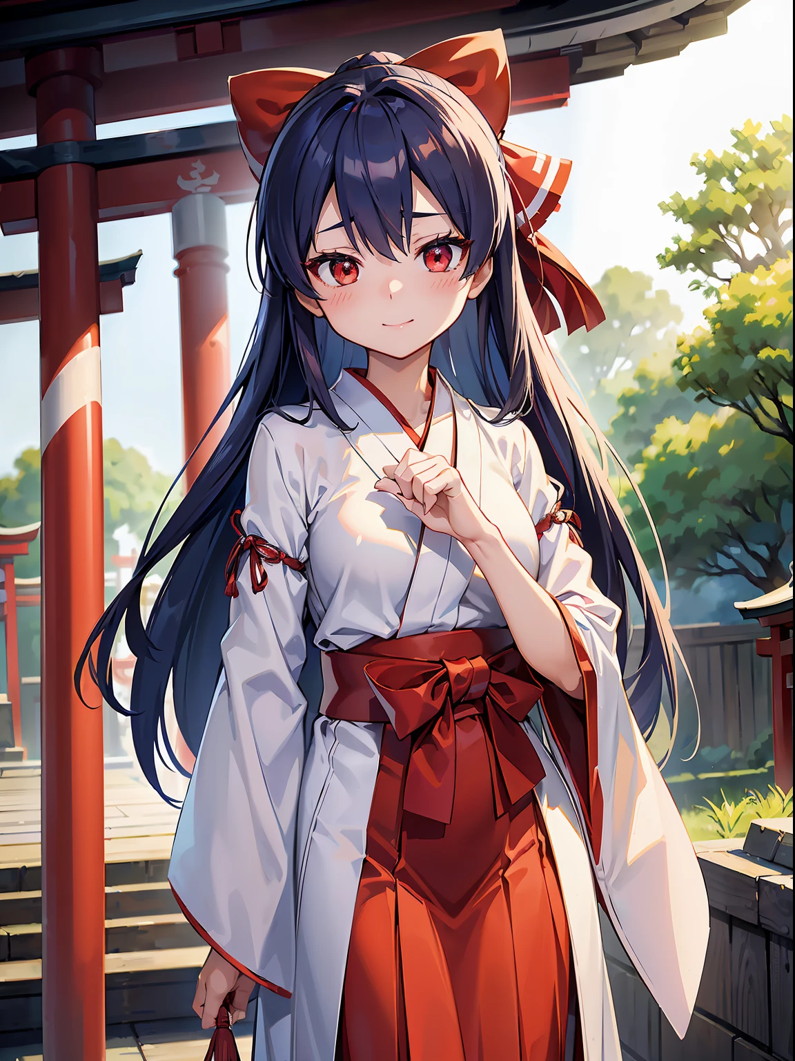 (RAW Photos, Best Quality), (animesque: 1.2), (Sharp facial features), (smaller face: 1), 1人の女性, Beautiful, (High Detail Skin: 1.2), (drooing eyes), (Red eyes), Smile, 鎖骨, cute face, Beautiful eyes, long eyelashes, ((Perfect fingers)), Clean hands, Brown hair semi-long, ((shrine maiden clothe:1.2, red hakama, Chihaya, )), ((Scenery of the shrine)), Clear air, Soft lighting, High quality, Professional Lighting, Photon mapping, Physically Based Rendering, Perfect limbs, Perfect Anatomy, tre anatomically correct,