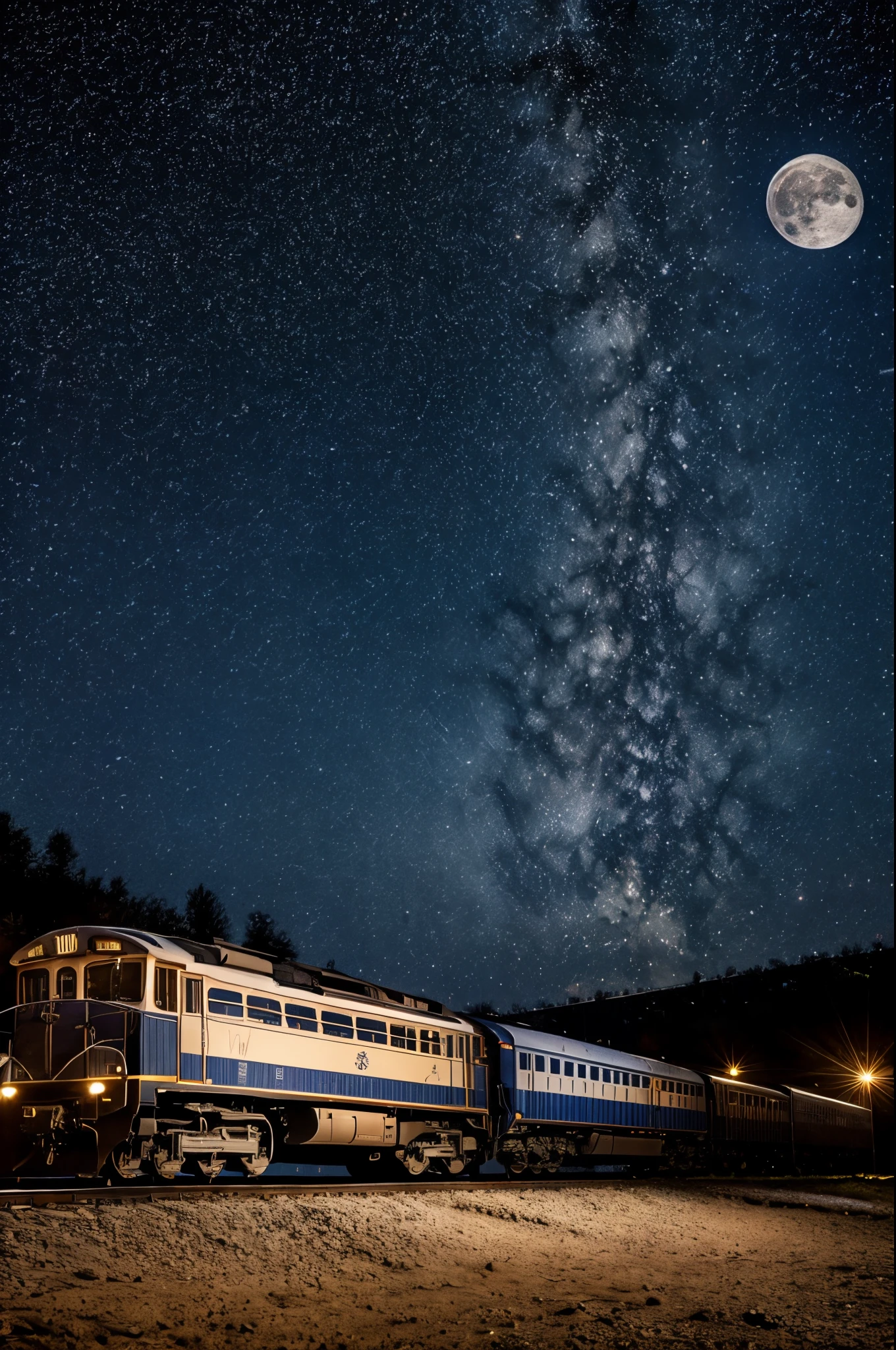 Starry night sky、The big shining full moon、floating train