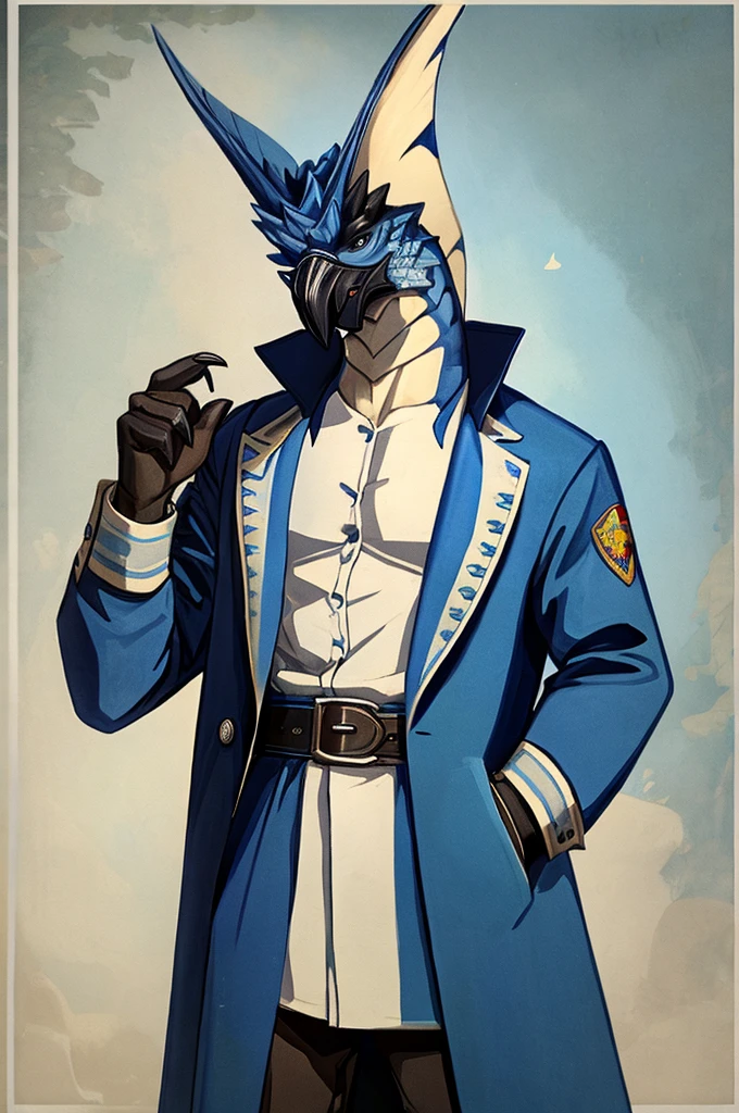 A Legiana as a German official posing for a portrait, white-blue uniform, white leather gloves, clawed fingers, 4 fingers, 1900s photograph, long coat, open coat, blue outlining, padded fingers, golden-blue belt,