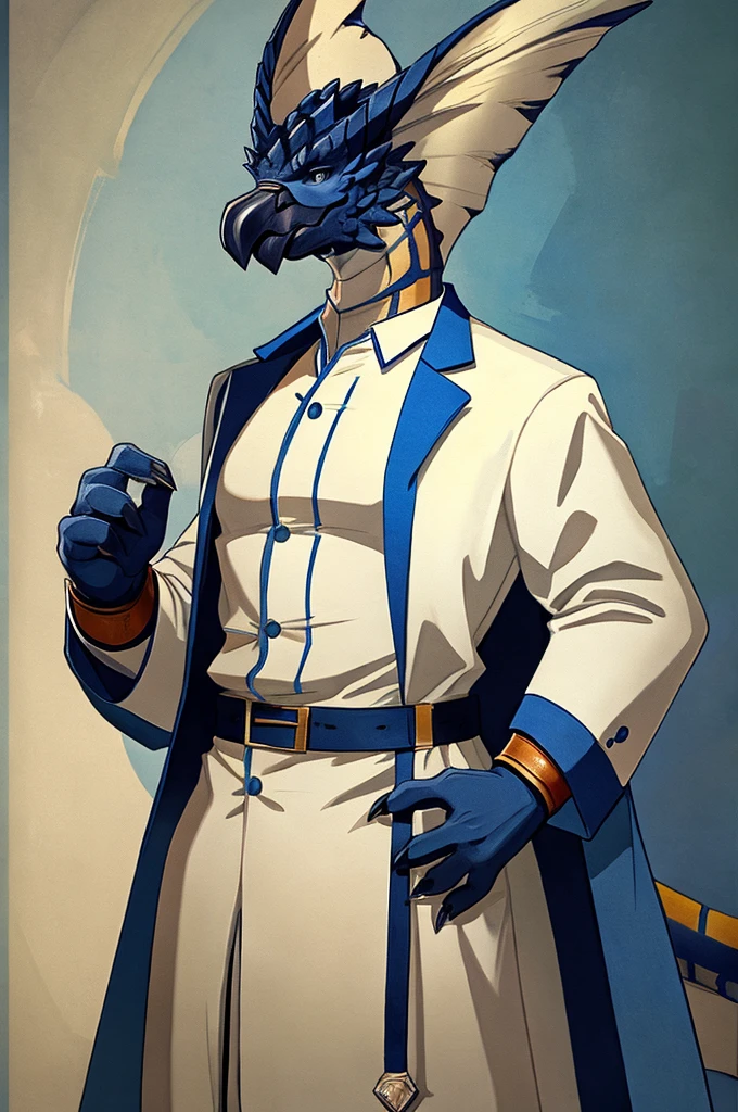 A Legiana as a German official posing for a portrait, white-blue uniform, white leather gloves, clawed fingers, 4 fingers, 1900s photograph, long coat, open coat, blue outlining, padded fingers, golden-blue belt,