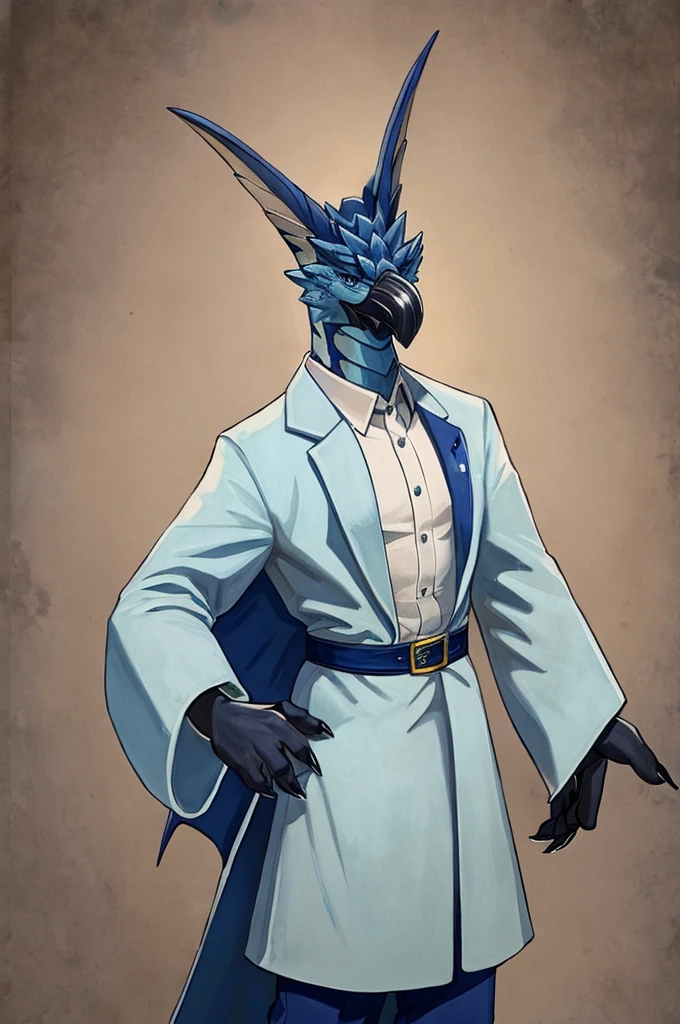 A Legiana as a German official posing for a portrait, white-blue uniform, white leather gloves, clawed fingers, 4 fingers, 1900s photograph, long coat, open coat, blue outlining, padded fingers, golden-blue belt,