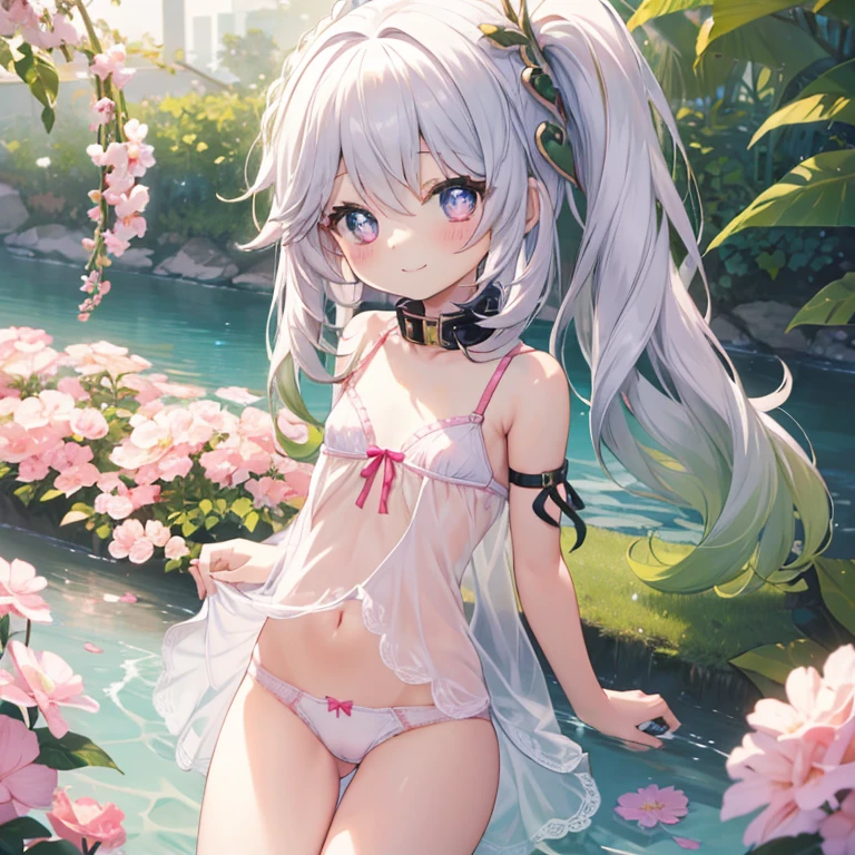 Best Quality, top-quality、(cute petit girl：1.3),Beautiful pink eyes、flat 、Lori、（Cuteness beyond limits）、Shining thighs、((Cute smile))、tied up with a collar、Cute white panties、Cute white bra、Show your 、Open your 