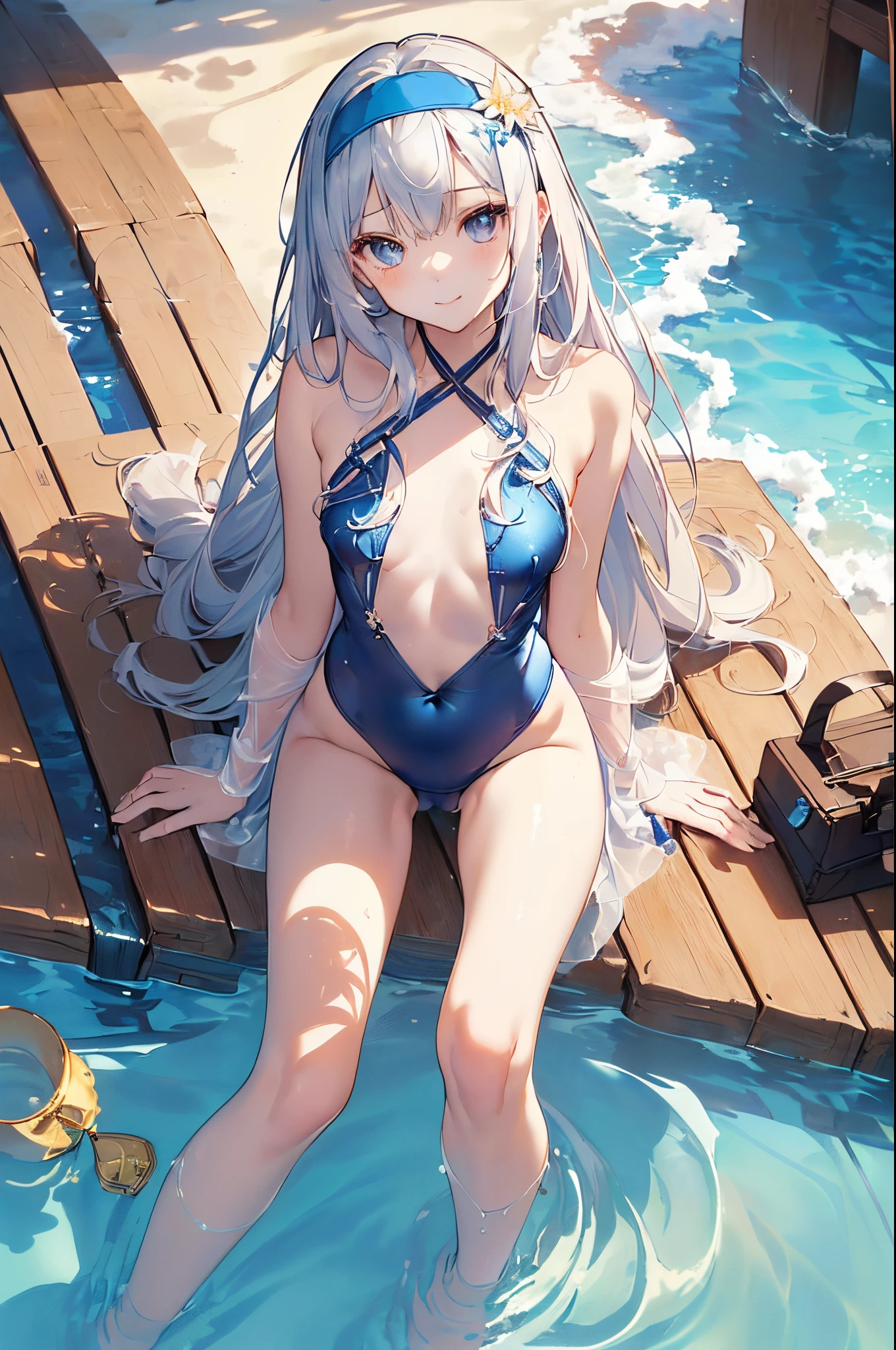 ((masterpiece:1.4、top-quality:1.2))、1girl in、solofocus、delicated face、Highly detailed anime faces and eyes、(Blur the background:1.3、(transform sequence)、((A sexy:1.1、fril swimsuit)、18year old、(beautiful slender girl)、Fractal Art、baby-face、((stright long hair))、Beautiful big drooping eyes:1.1、Small, open-mouthed smile、(Full body depiction:1.1)、(1 persons)、Blue sky resort beach、gorgeously decorated headband、